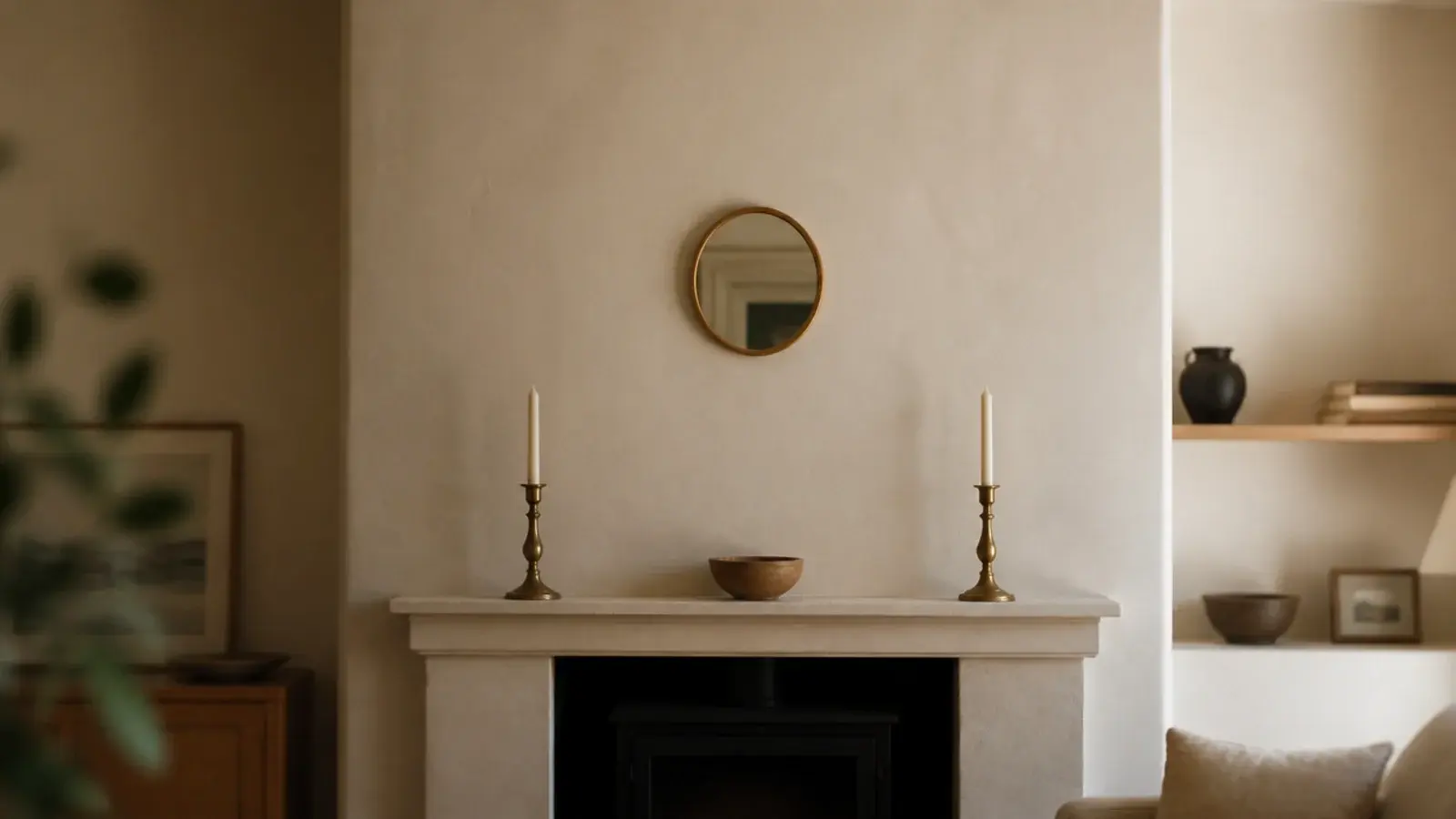 single small mirror centred high on a wide painted chimney breast