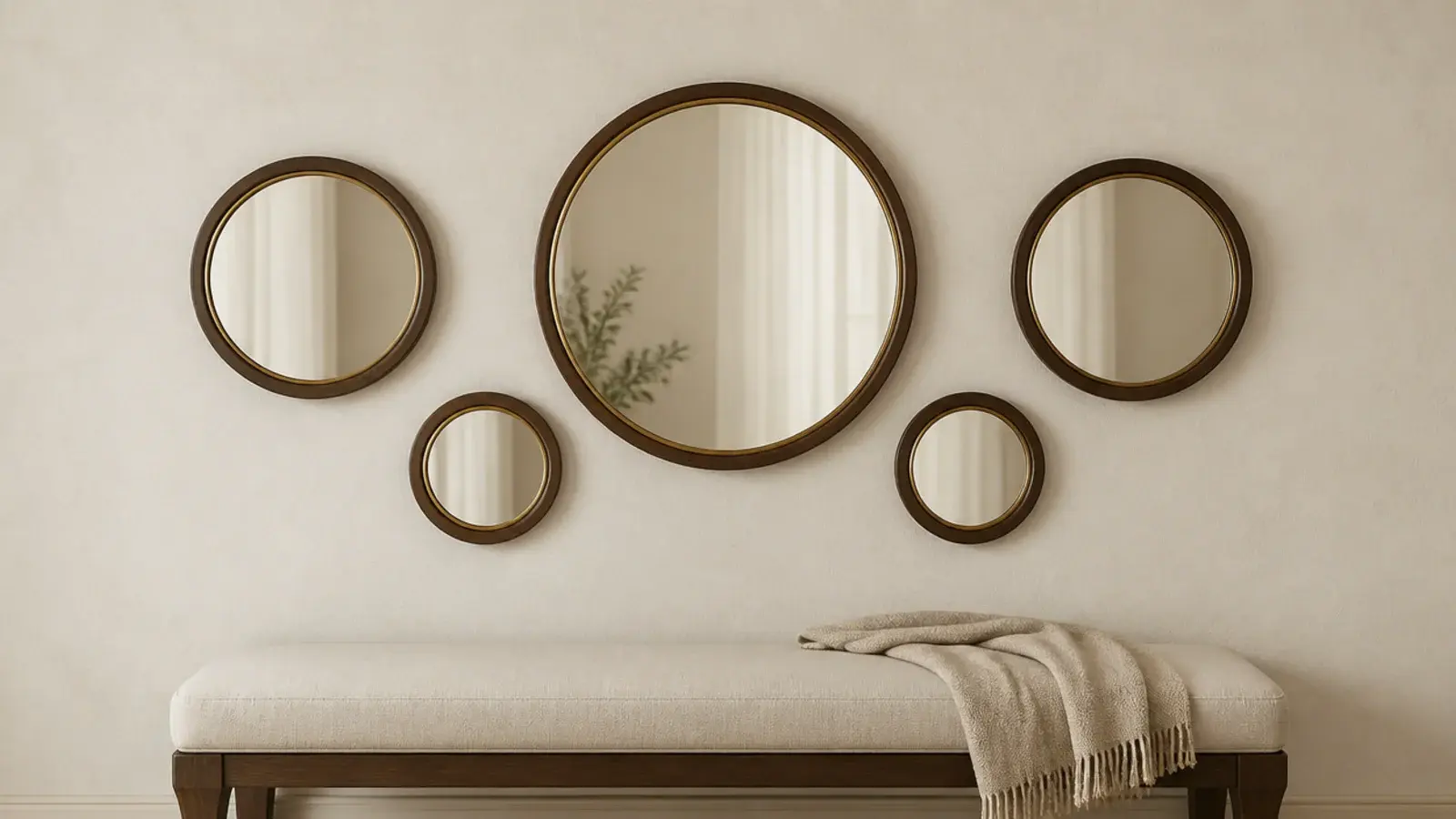 five small mirrors in two finishes arranged as a balanced wall group