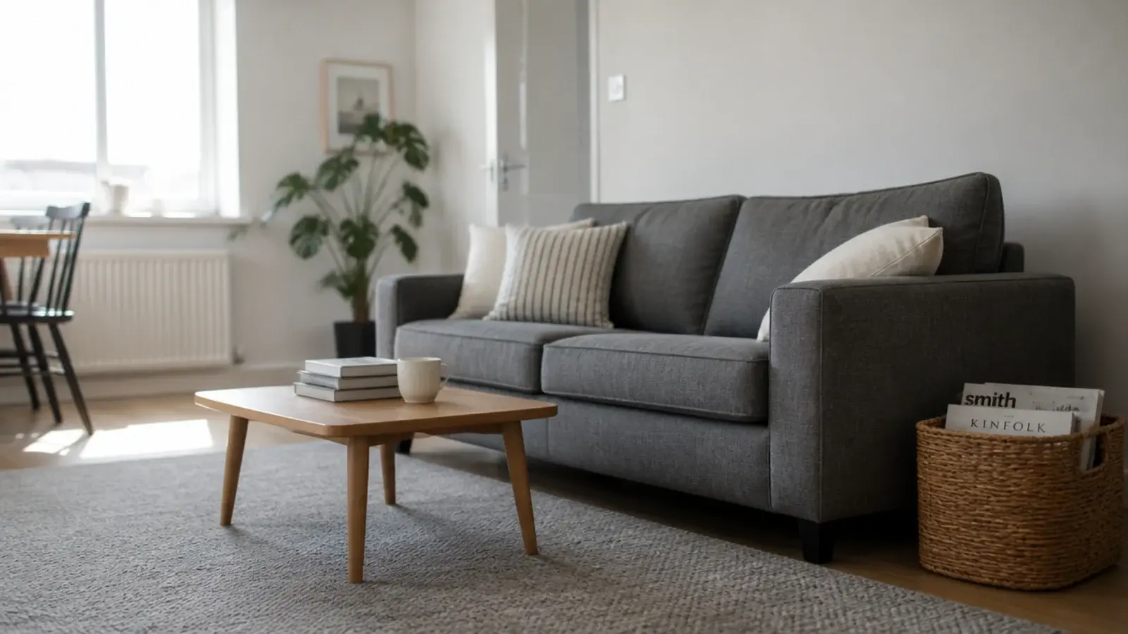 budget area rugs in a living room laid over pale engineered oak boards