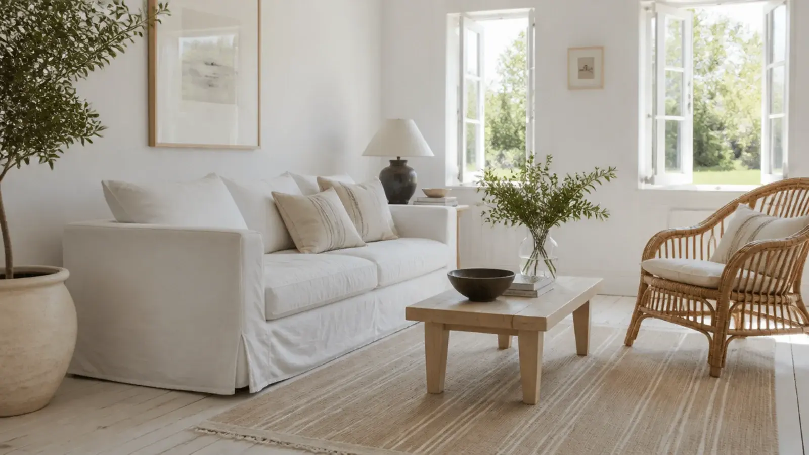 coastal rugs in a living room over bleached boards beside open windows