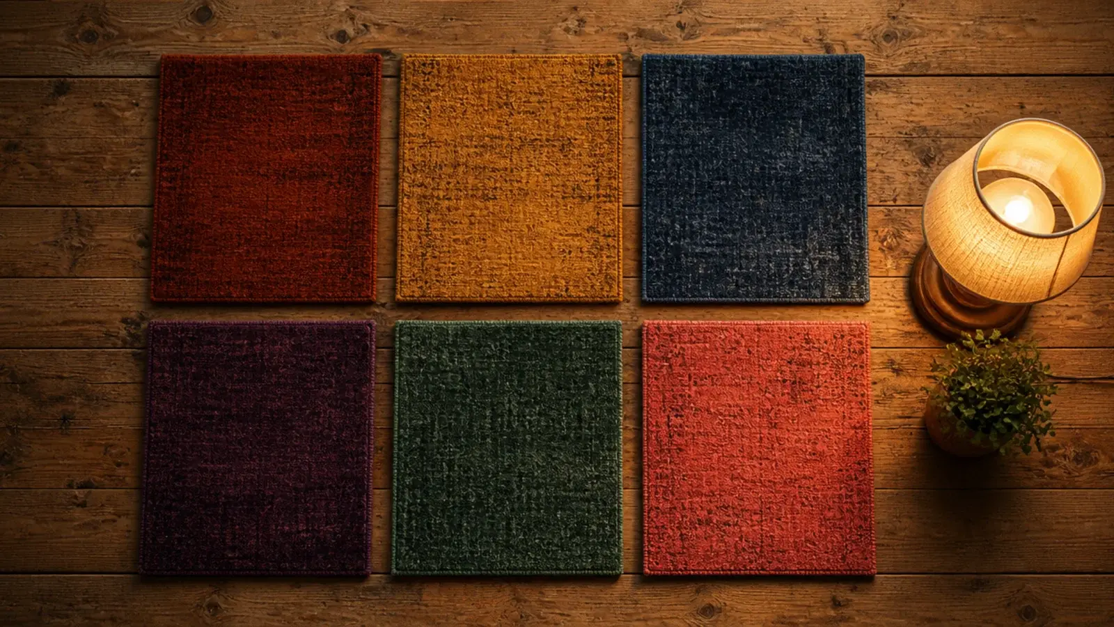 row of brightly coloured rug swatches spread across old pine boards