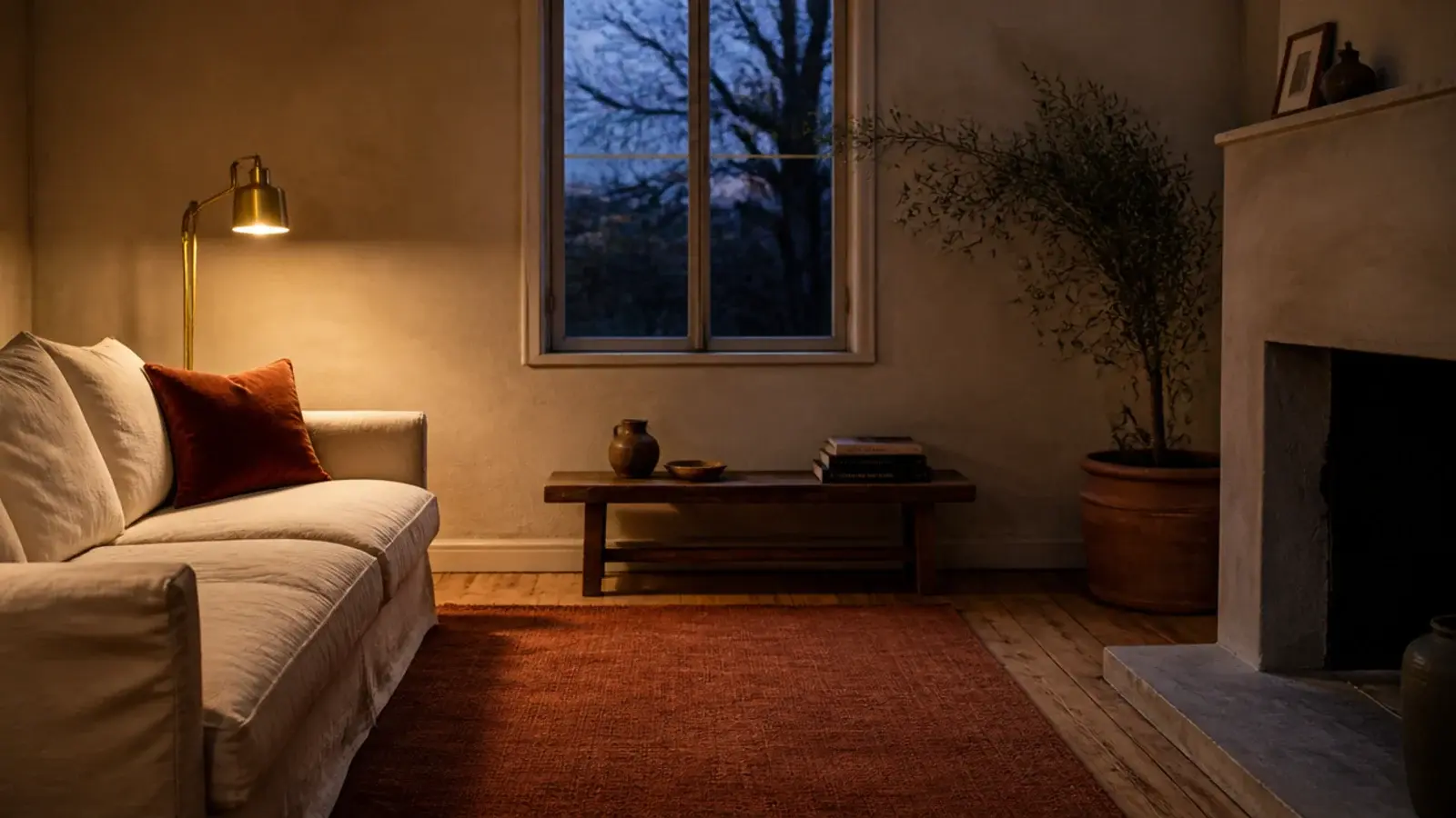 deep terracotta wool rug warming a north facing sitting room