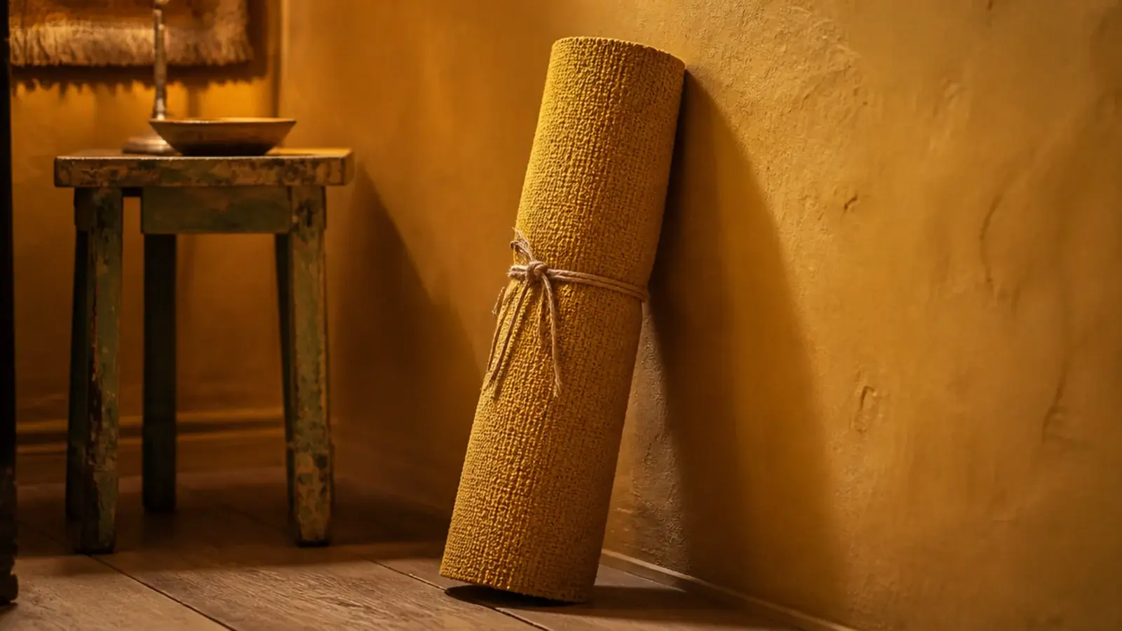 bright mustard rug rolled up and leaning against a plaster wall