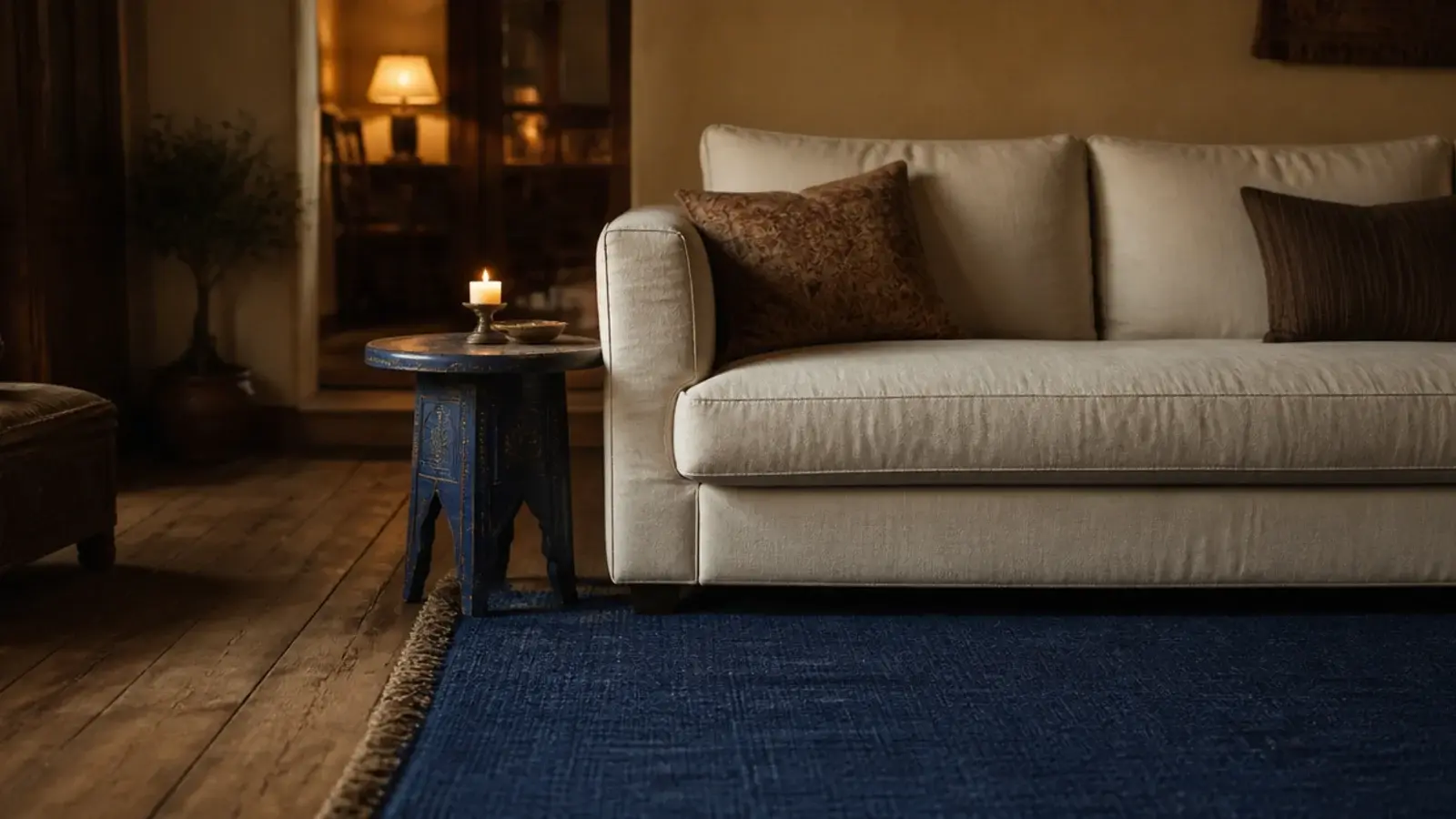 deep indigo flatweave anchoring a pale cream sofa on old boards