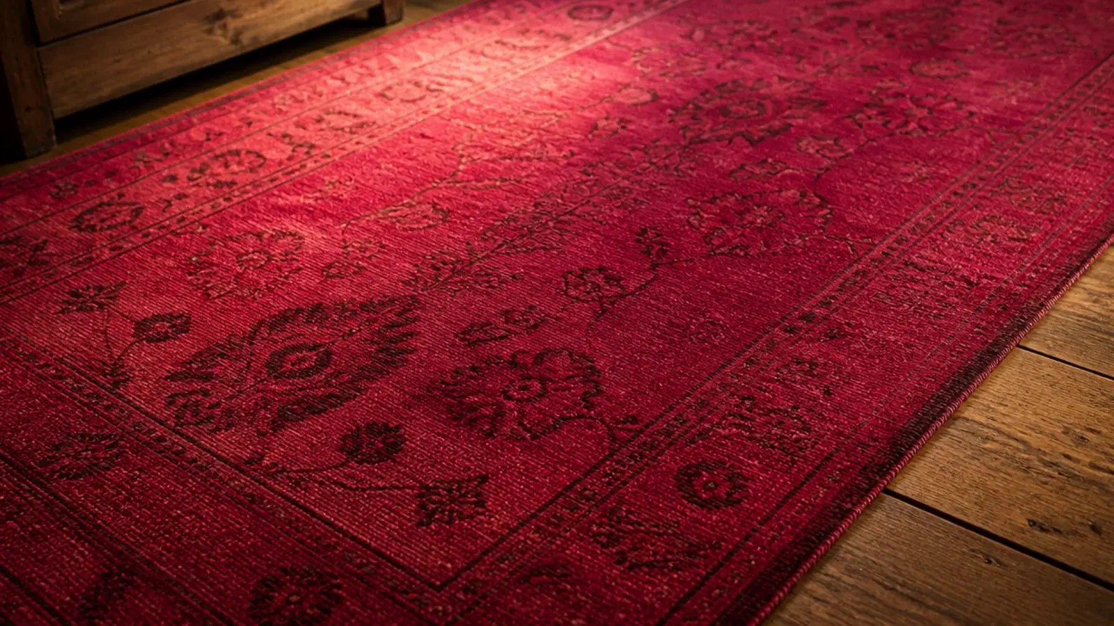 overdyed vintage rug in saturated raspberry with a worn low pile