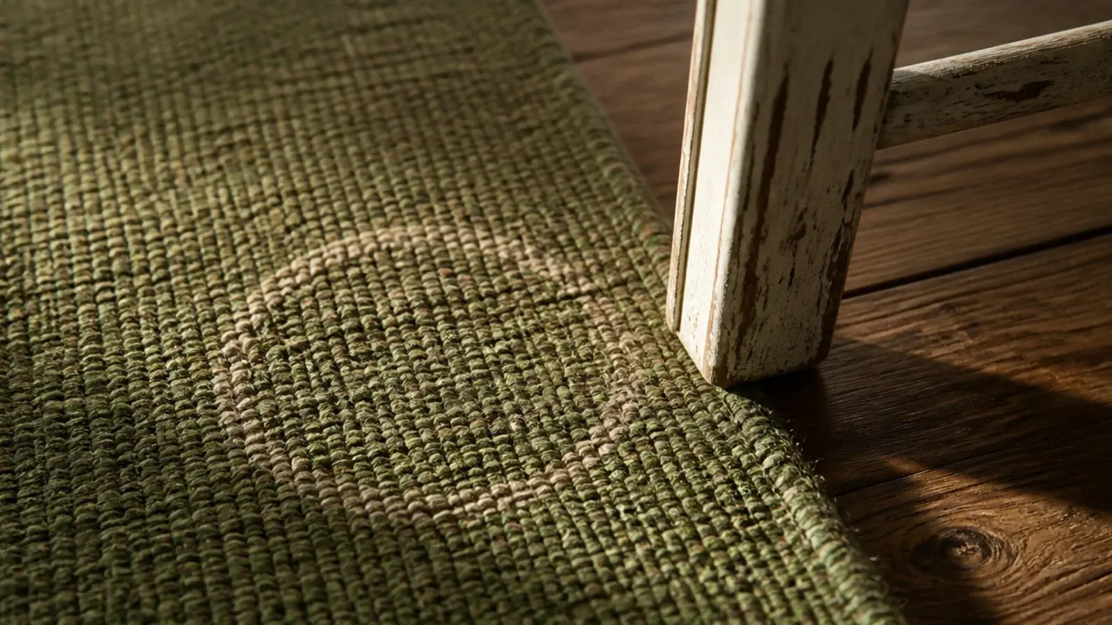 green kilim showing a dull water mark near one worn corner