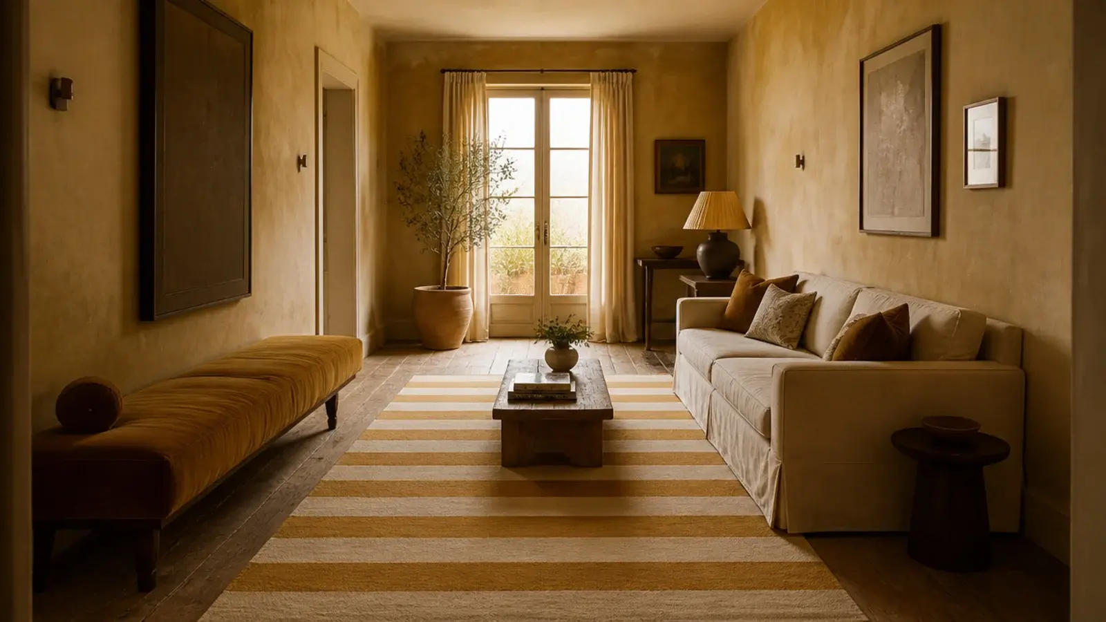 broad ochre and cream stripes running the length of a slim room