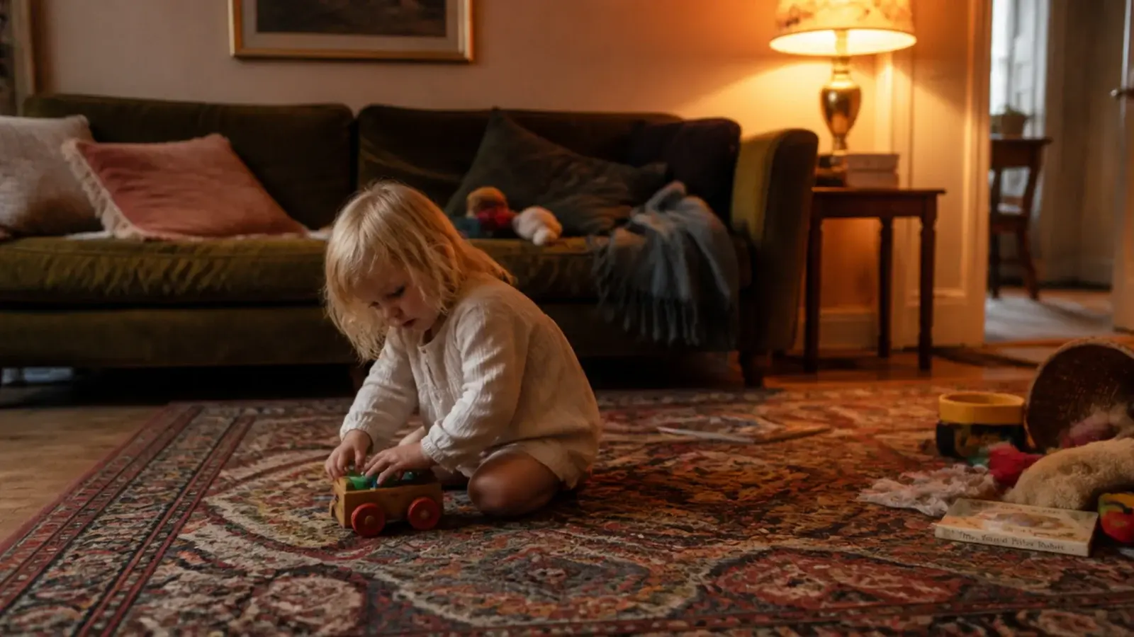 multicolour persian rug concealing crumbs and marks in a busy room