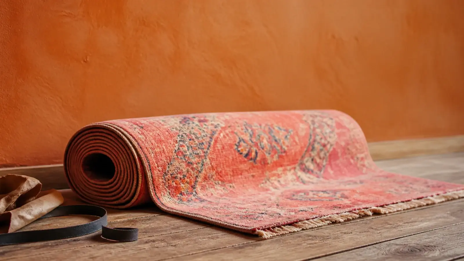 bright coral rug partly rolled beside its shipping wrap indoors