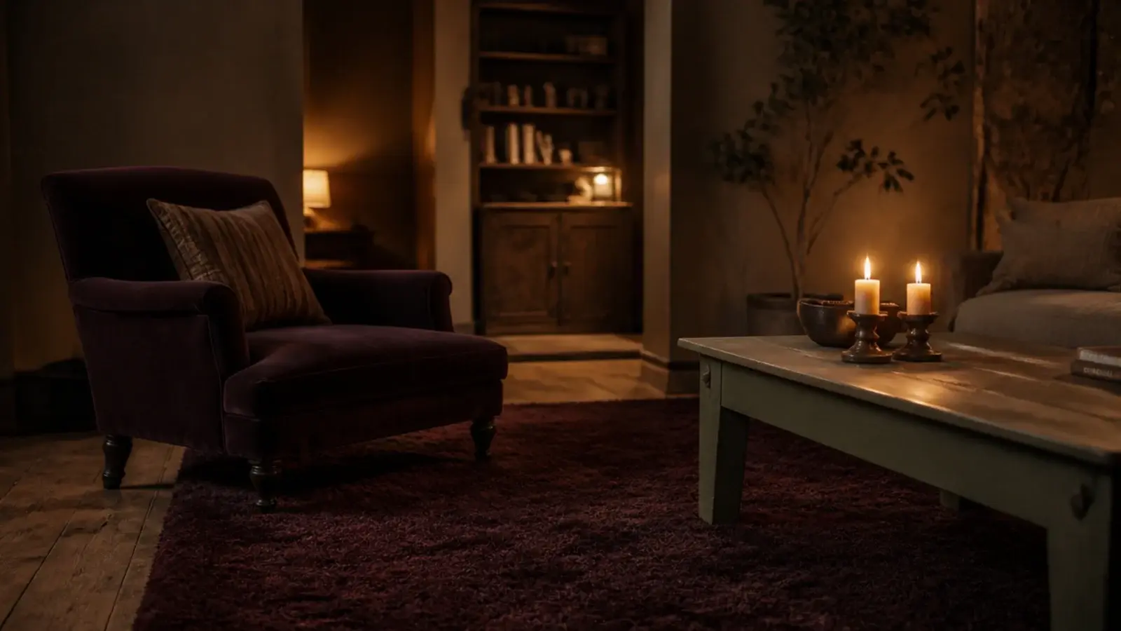deep plum wool rug filling a dim room with no direct sunlight