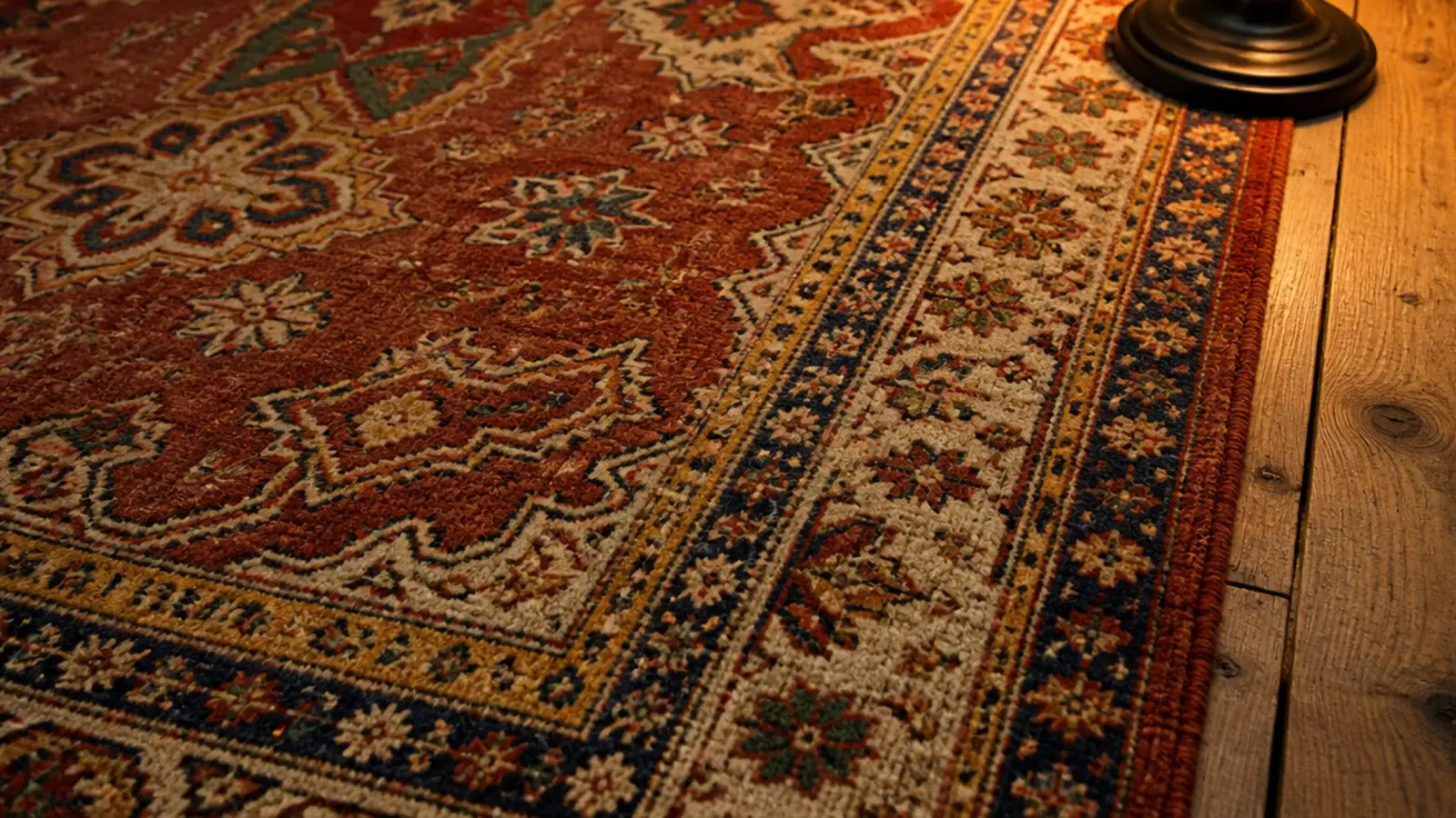 patterned rug where a single rust tone dominates four others