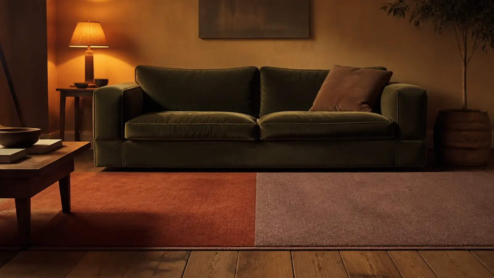 rug split into rust and clay blocks meeting on one straight line