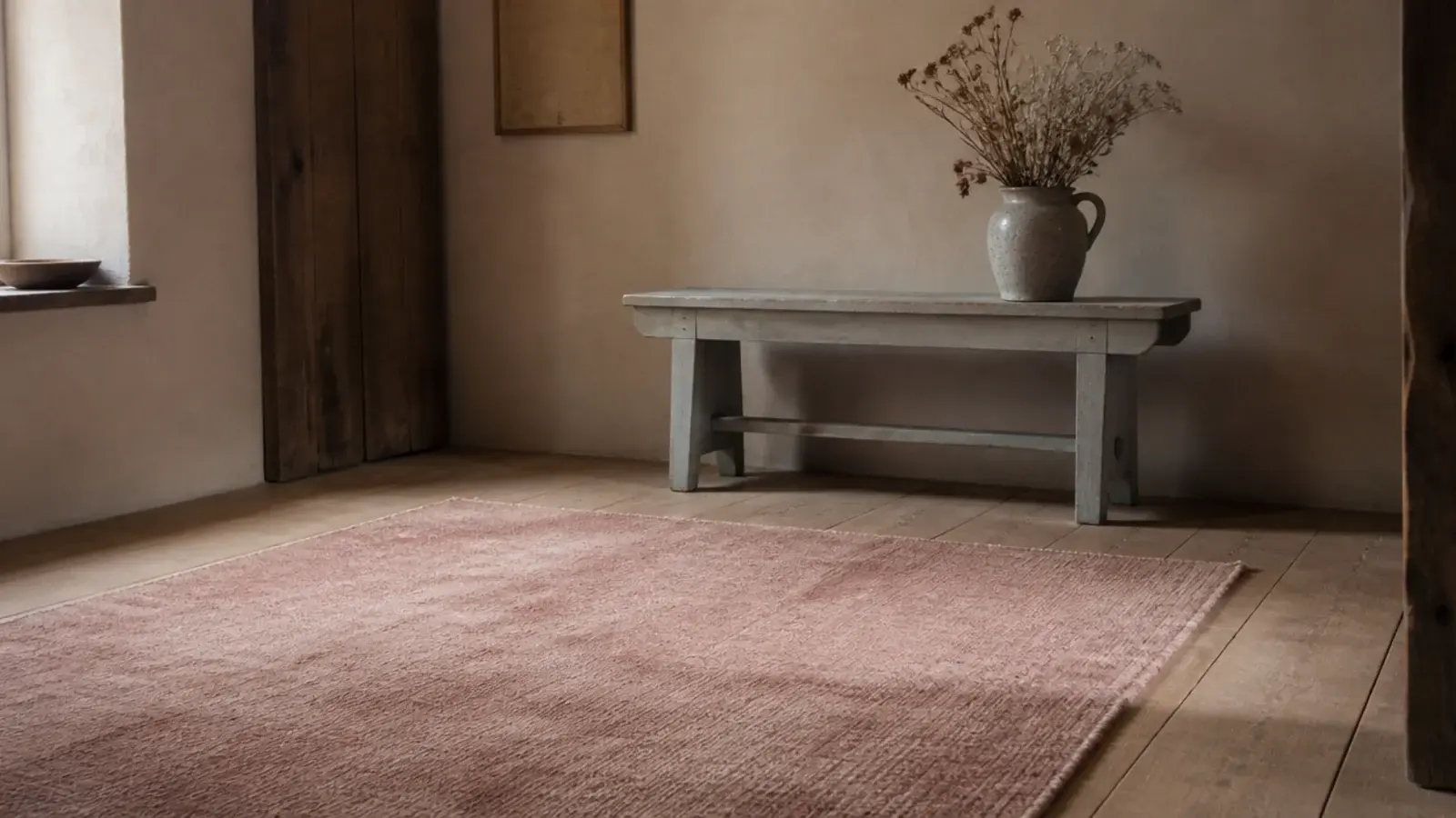 soft faded rose rug lying across warm reclaimed pine floorboards
