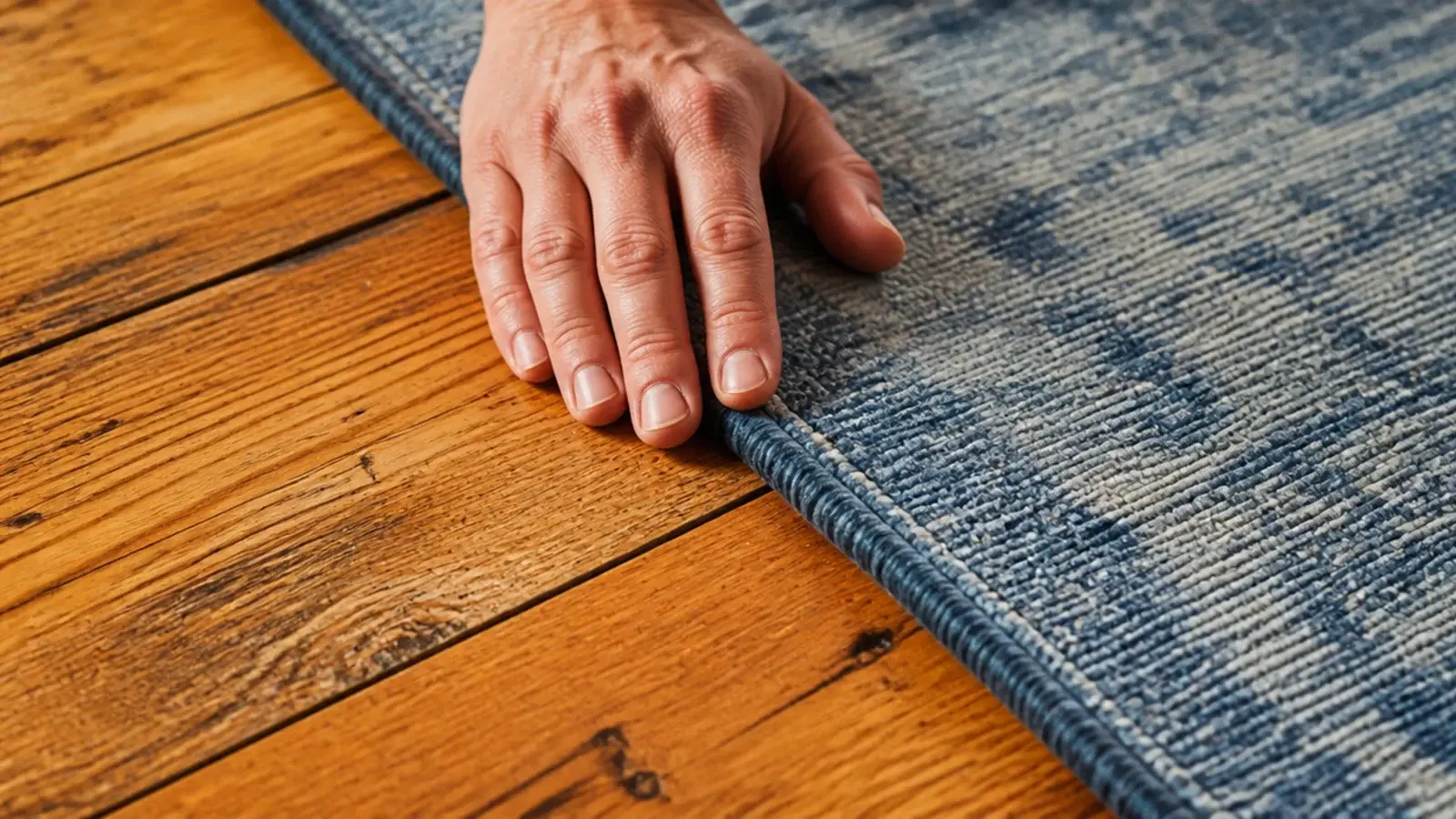 cool blue rug reading harshly against warm orange toned floorboards