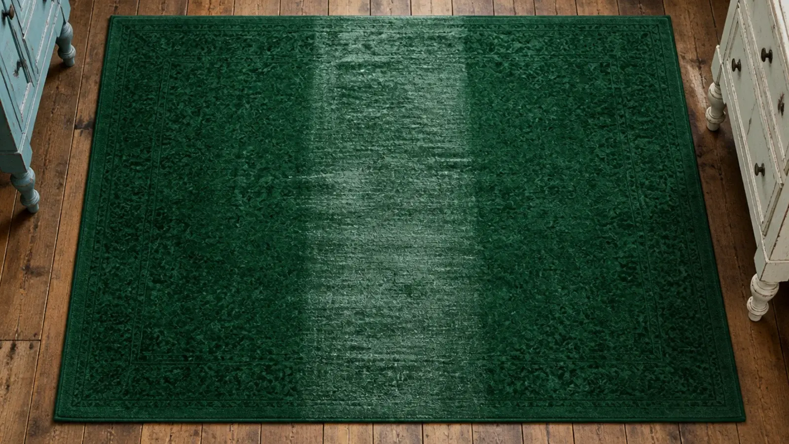 emerald polyester rug showing a flattened shiny walking lane
