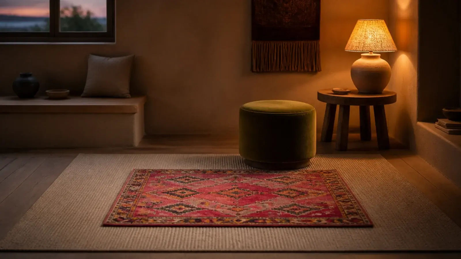 small bright patterned rug centred on a wide neutral base rug
