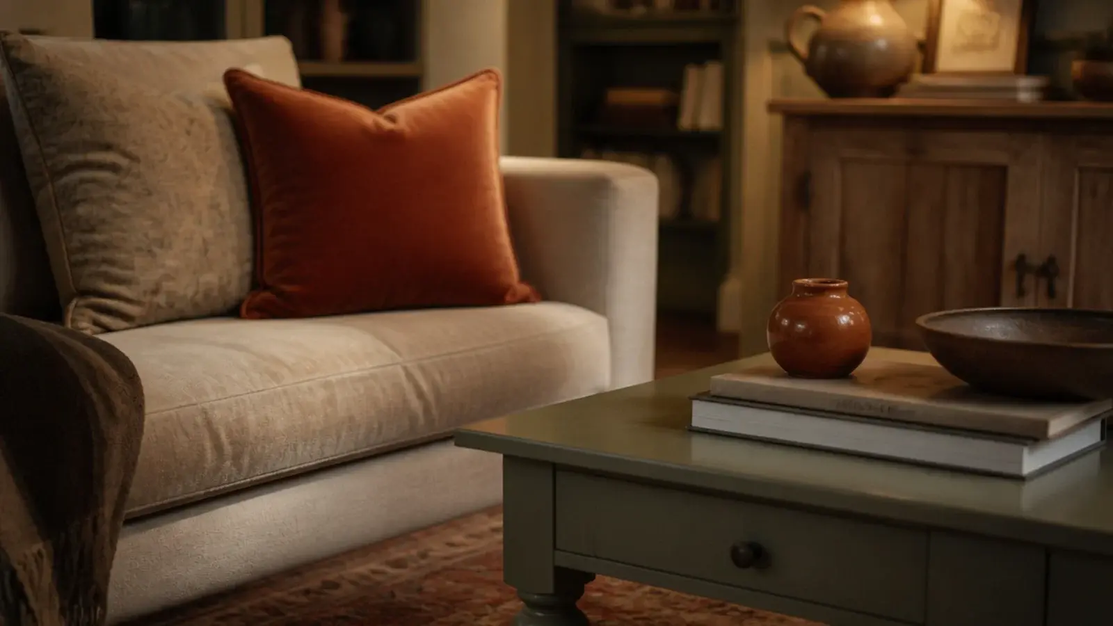 rug colour echoed in one cushion and one small ceramic vessel