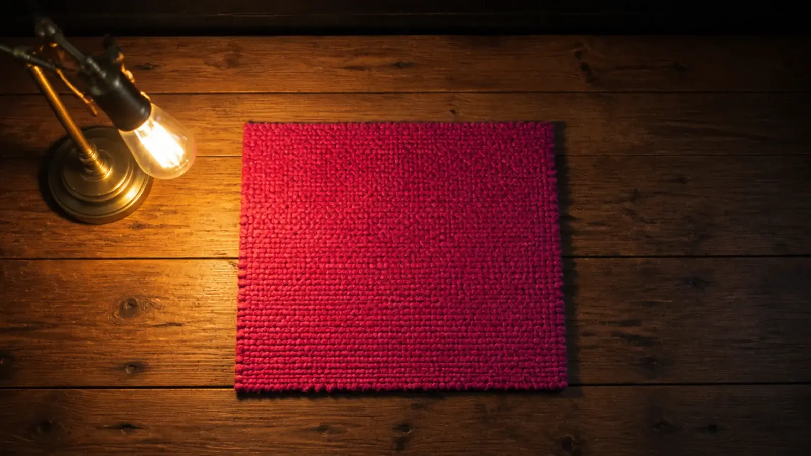 bright rug swatch photographed under warm bulb light after dark