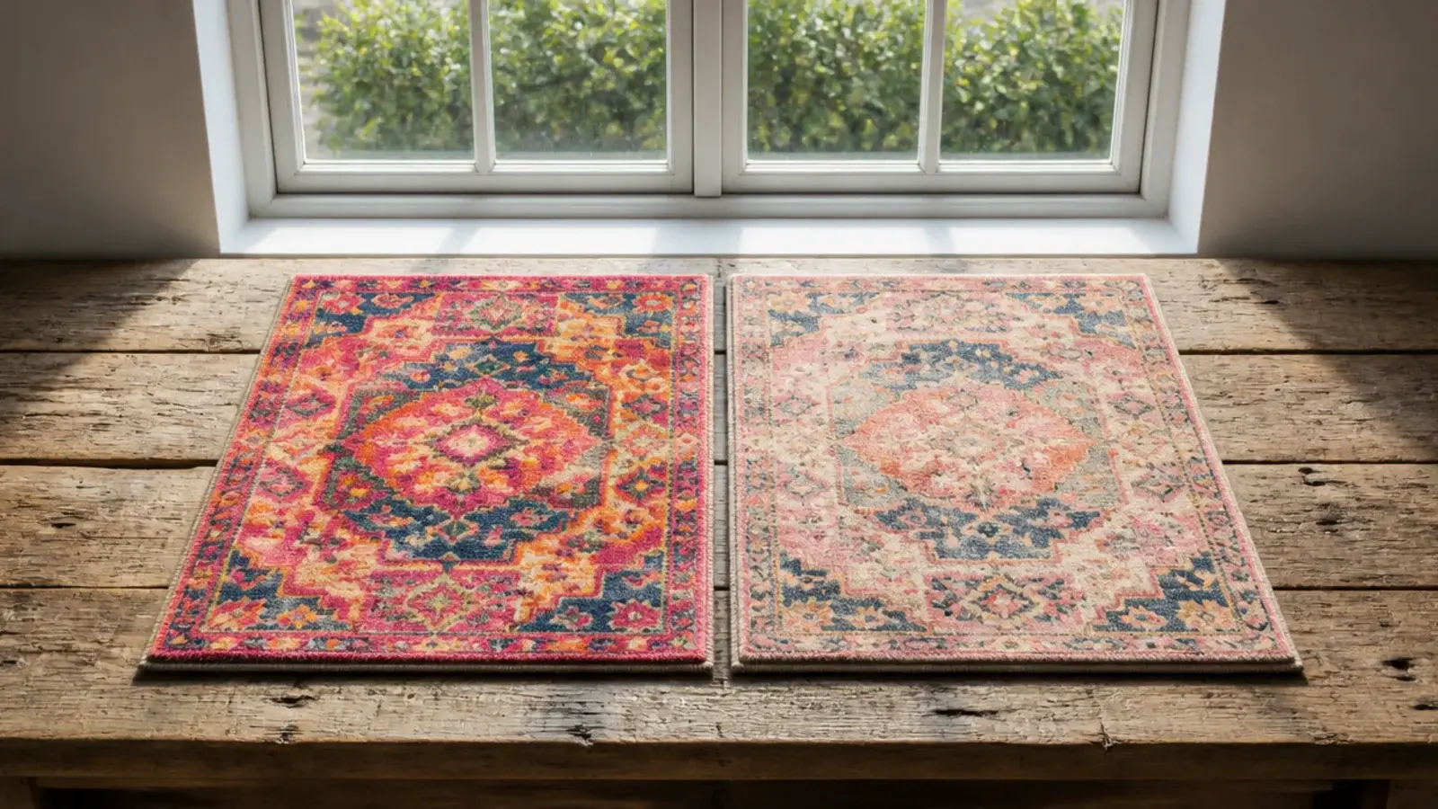 two bright rug samples compared after equal sun exposure indoors