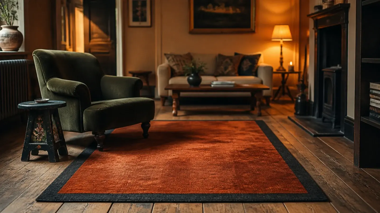narrow charcoal border containing a saturated rust rug field