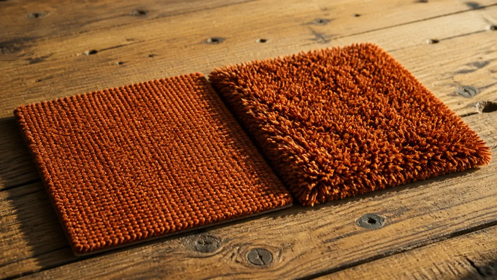 flat bright weave beside a deep shag in the same strong colour