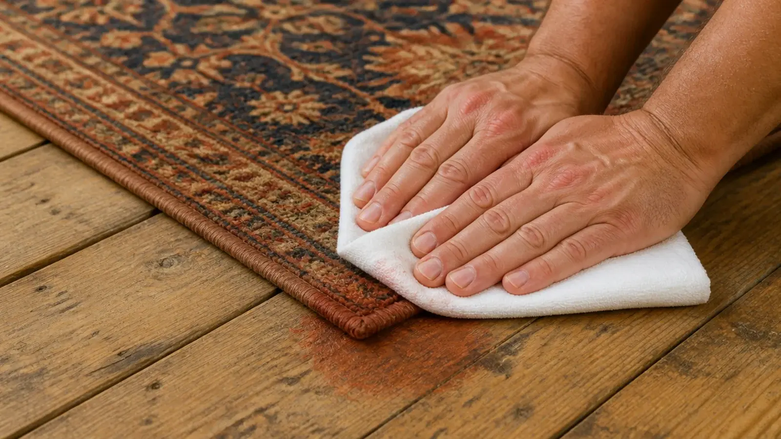 white cloth pressed onto a bright rug corner to test for bleeding