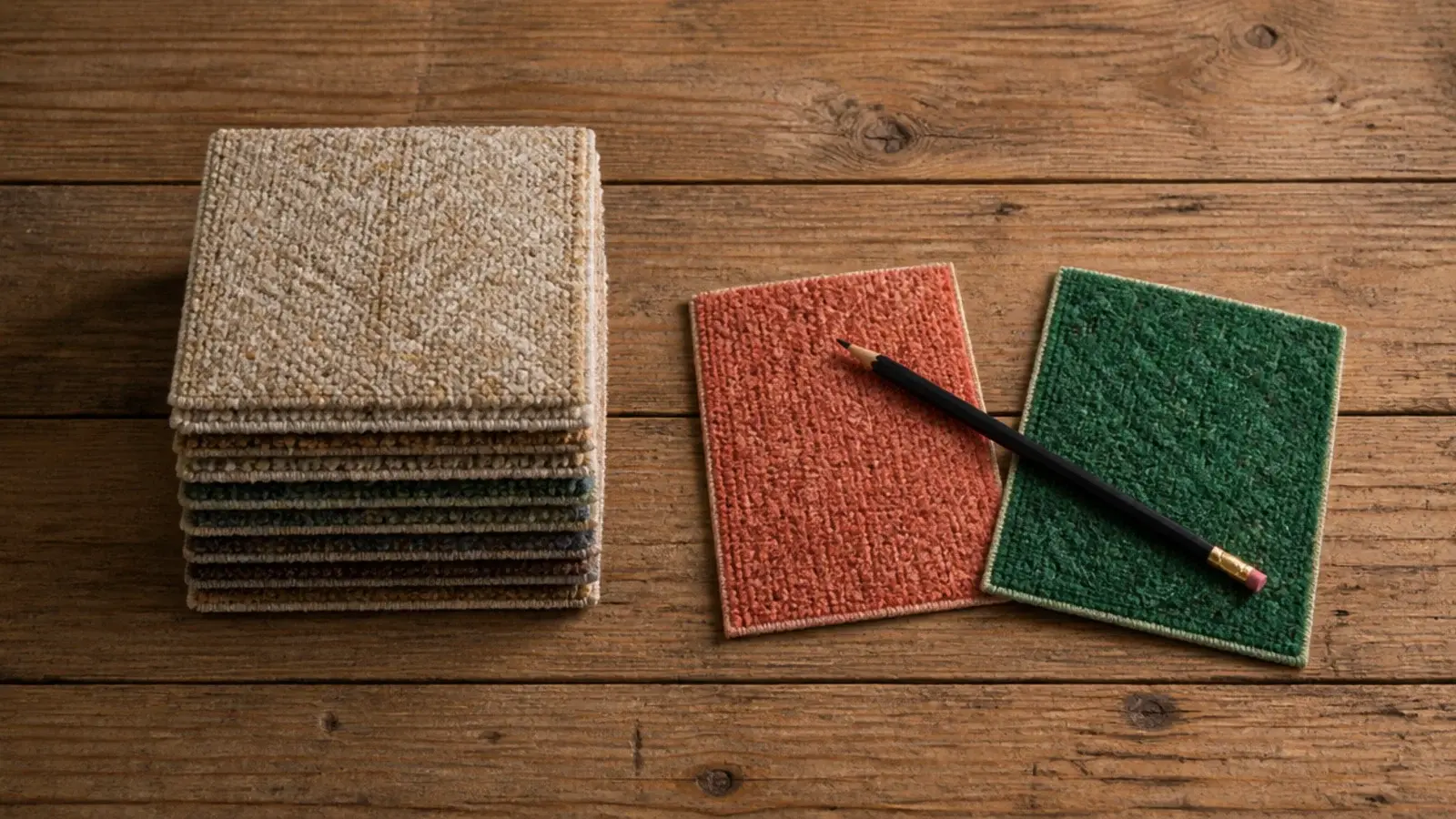 coral and emerald samples set aside from a pile of rug swatches