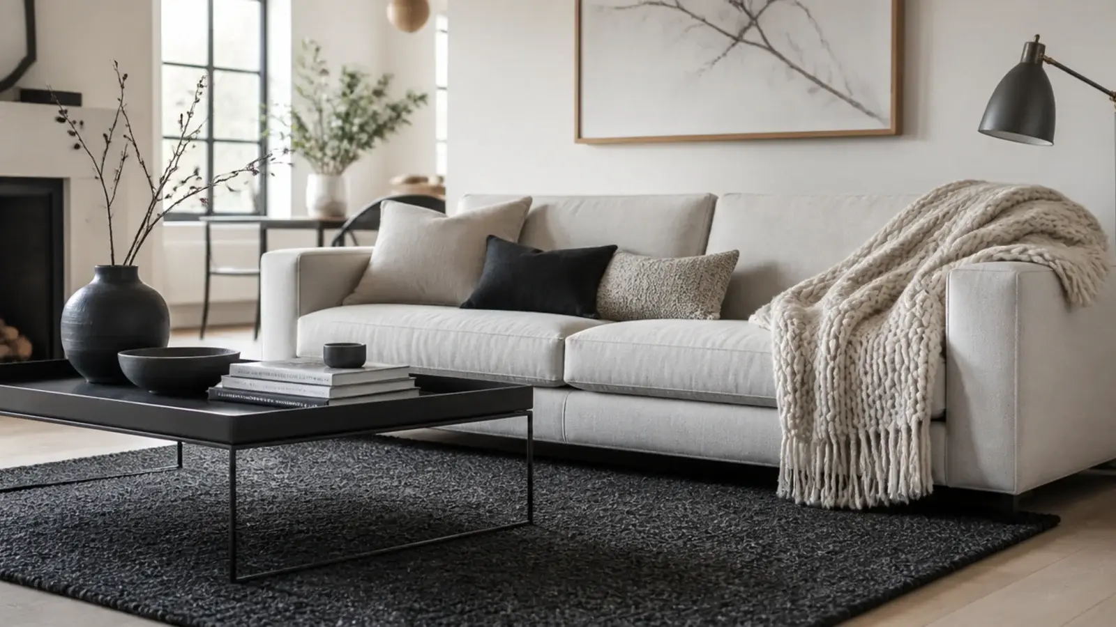 dark rugs in a living room grounding a bright light washed oak floor