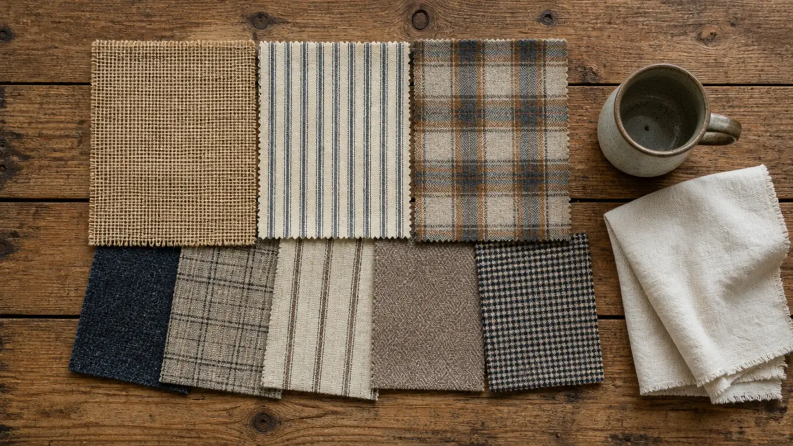 jute cotton and checked wool samples laid on old knotted pine boards