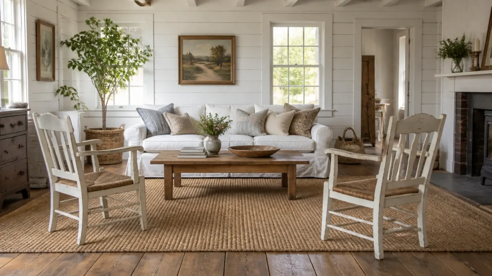 large jute rug covering most of a wide plank farmhouse floor