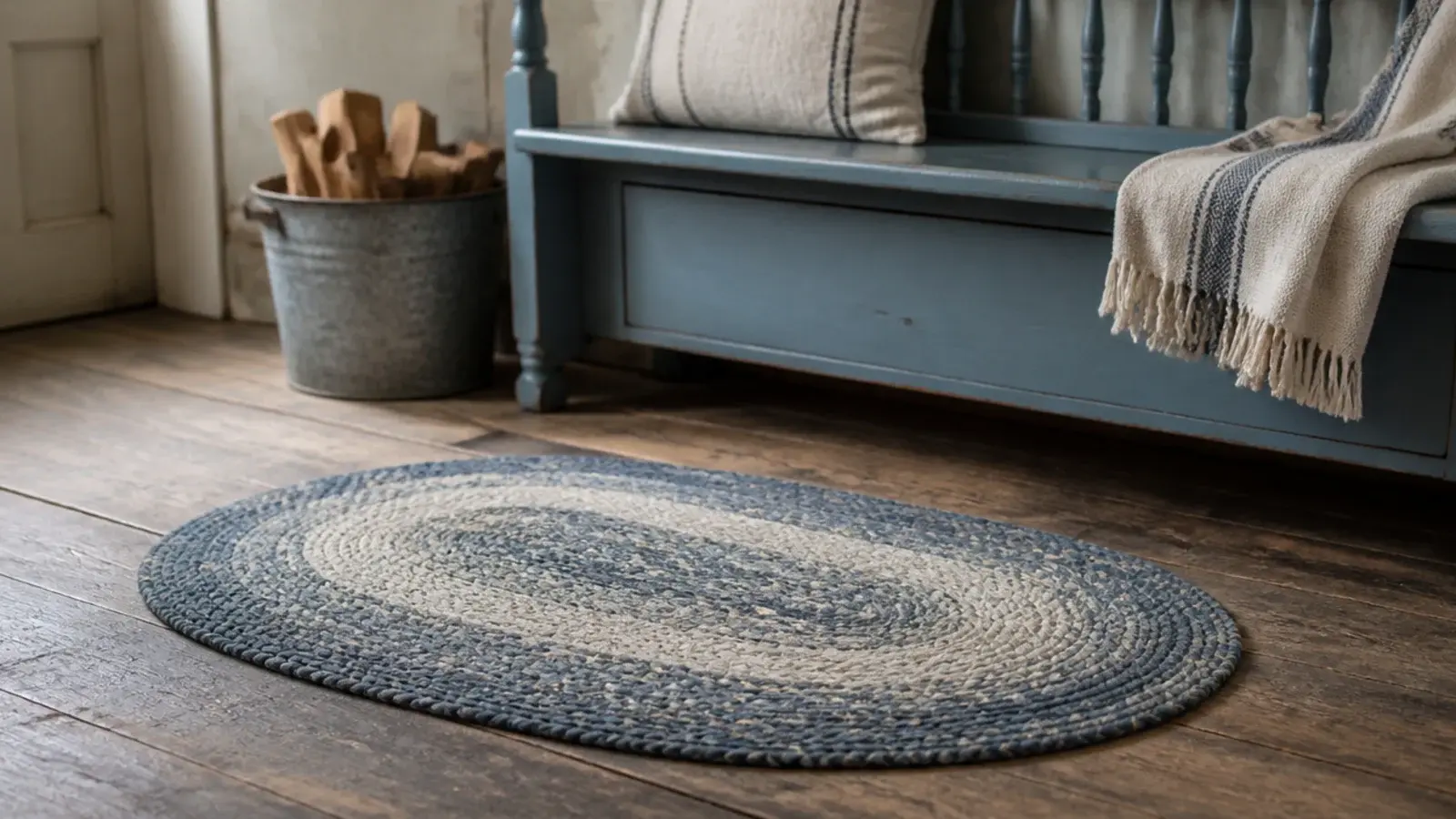 oval braided wool rug coiled tightly in front of a painted bench