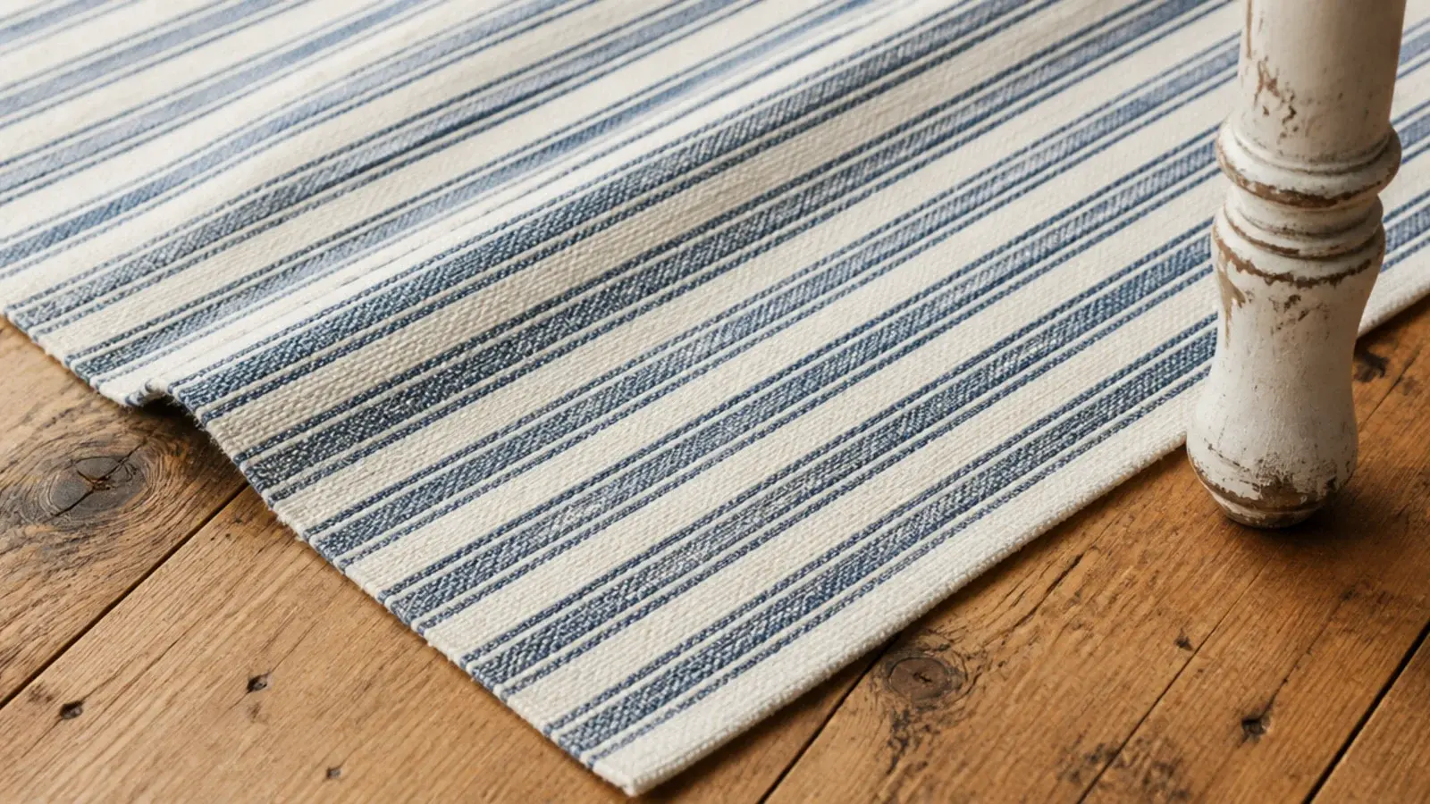 narrow ticking stripe cotton rug running across old pine floorboards