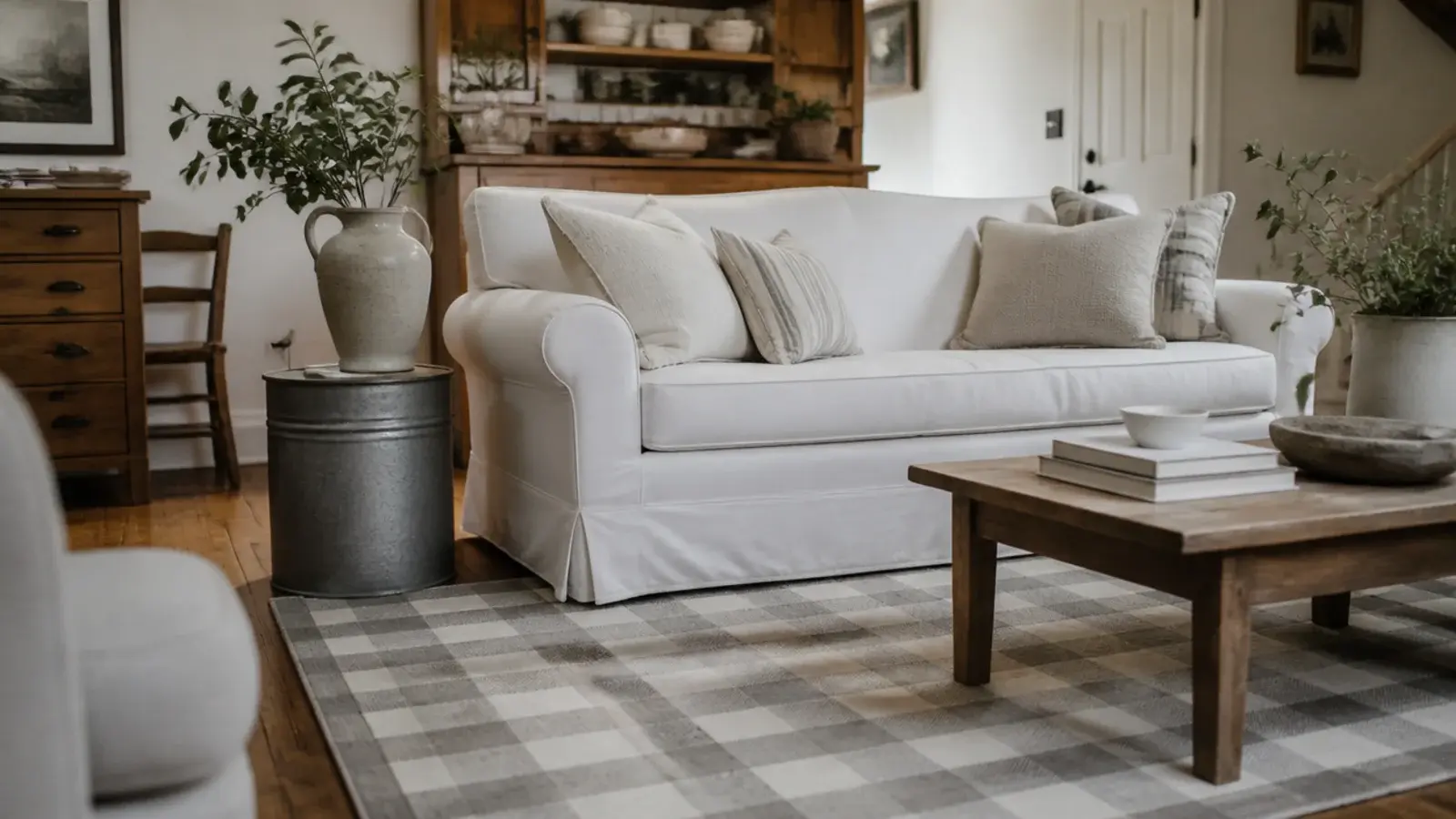 soft grey and cream buffalo check rug under a slipcovered sofa