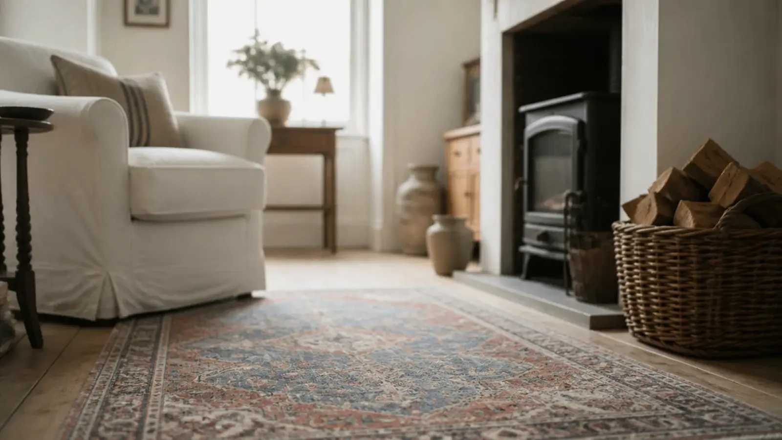 worn low pile persian rug faded to soft blues over pine boards