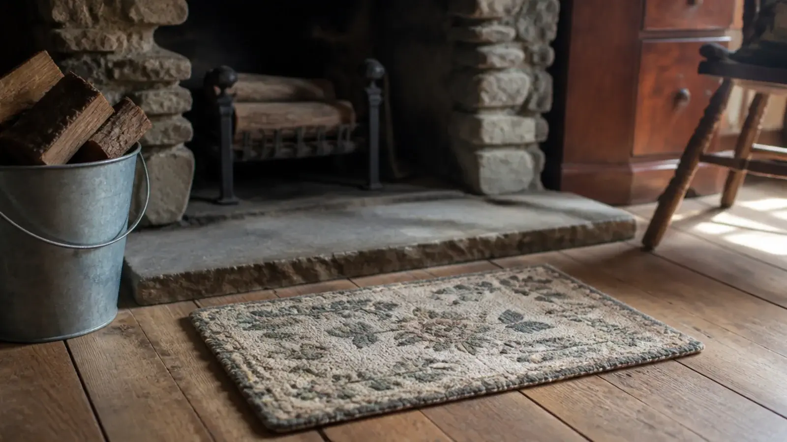 small hooked wool rug placed well back from a stone hearth