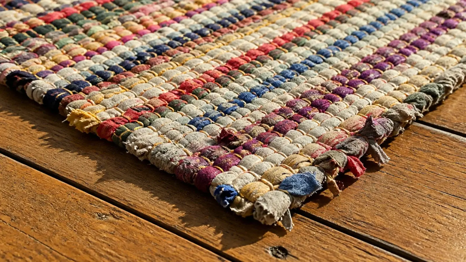 multicoloured rag rug woven from cotton strips on plank flooring