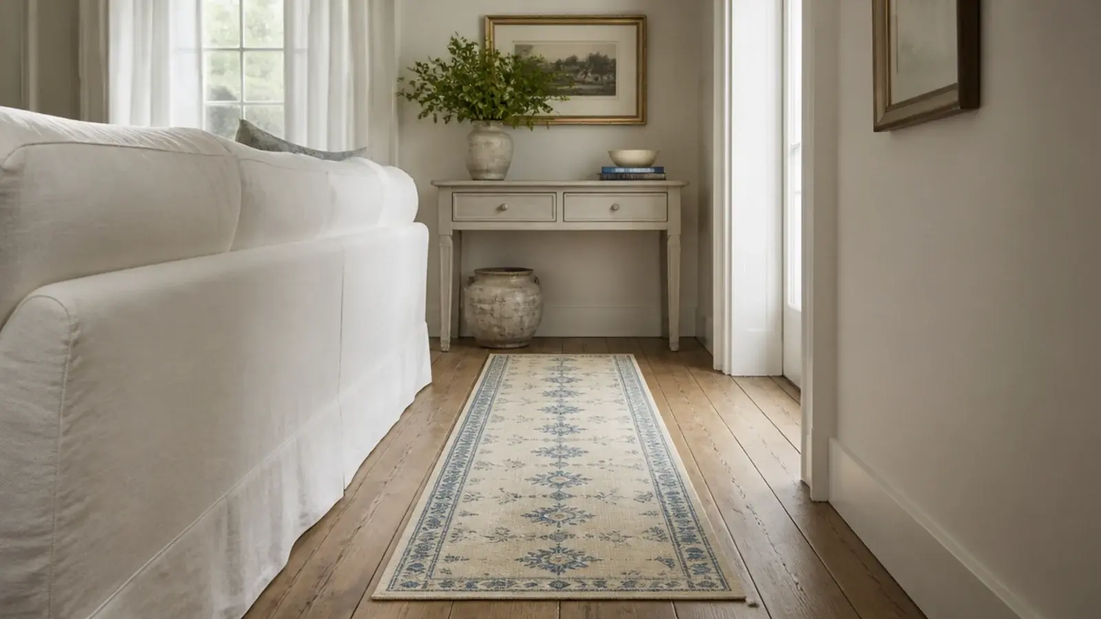 narrow woven runner laid behind a sofa on wide plank boards
