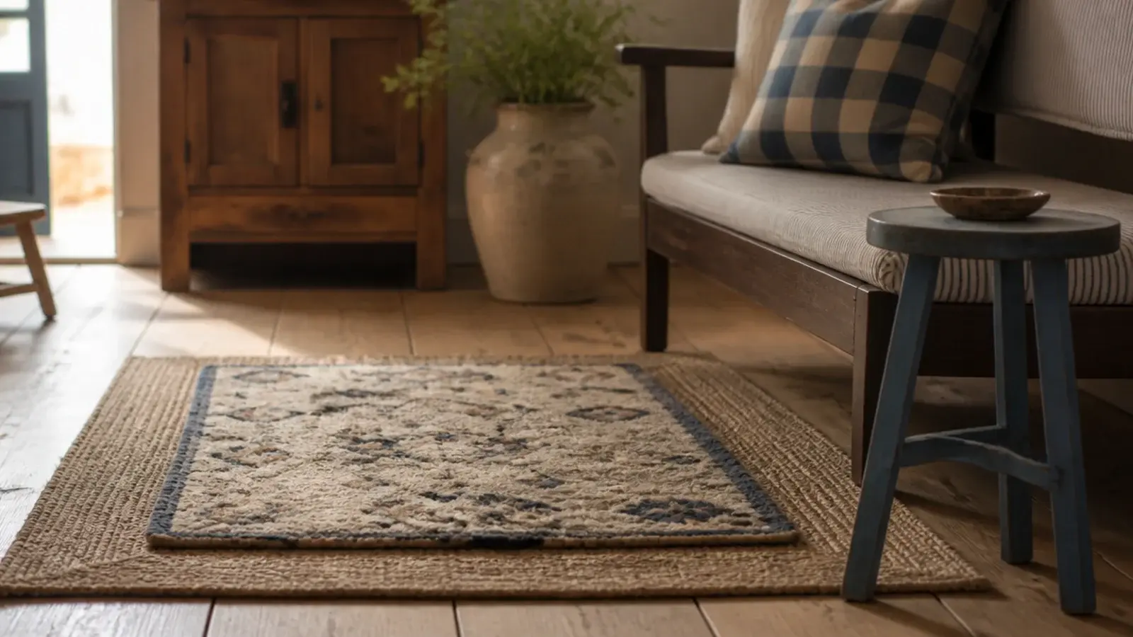 small patterned hooked rug centred on a large jute base rug