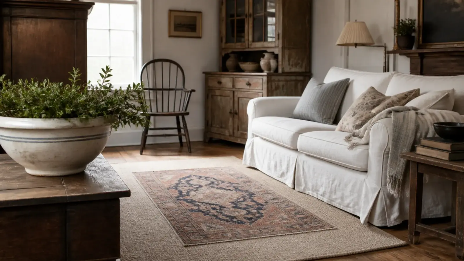 plain oatmeal base rug carrying one patterned rug in the centre