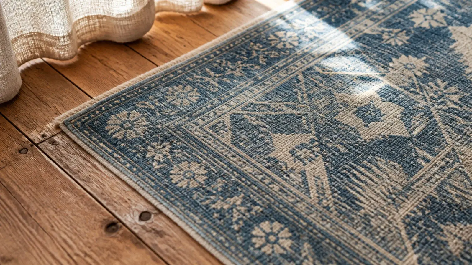 faded indigo and cream rug against warm knotted pine floorboards