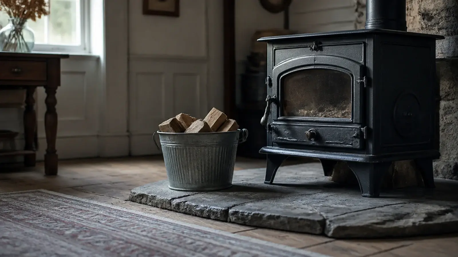 low pile rug ending well short of a cast iron wood burning stove