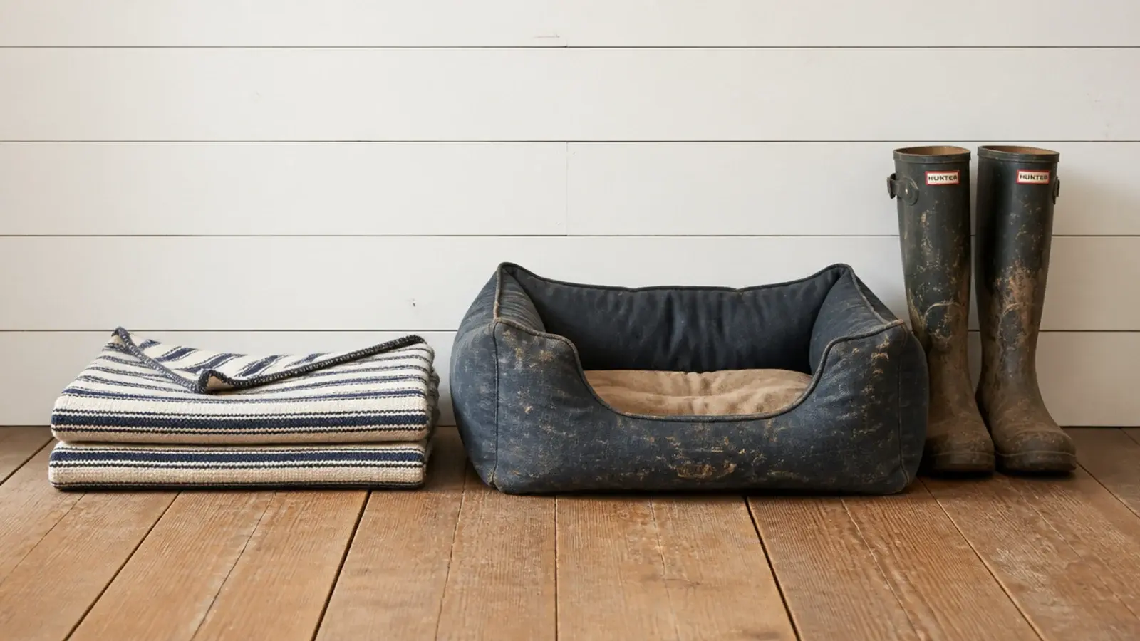 washable cotton rug folded ready for the machine beside a dog bed