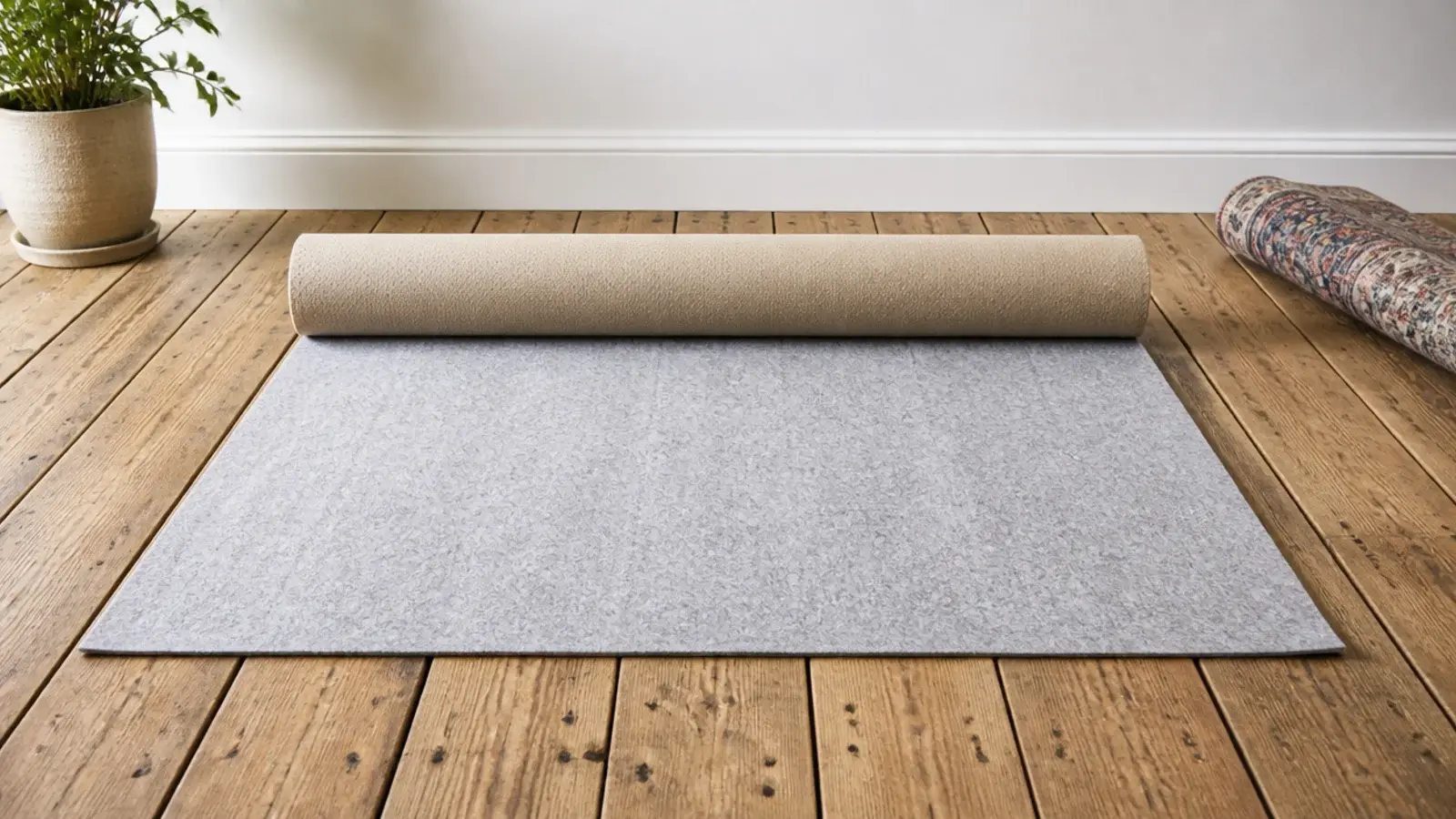 felt and rubber pad laid over wide boards with visible seasonal gaps