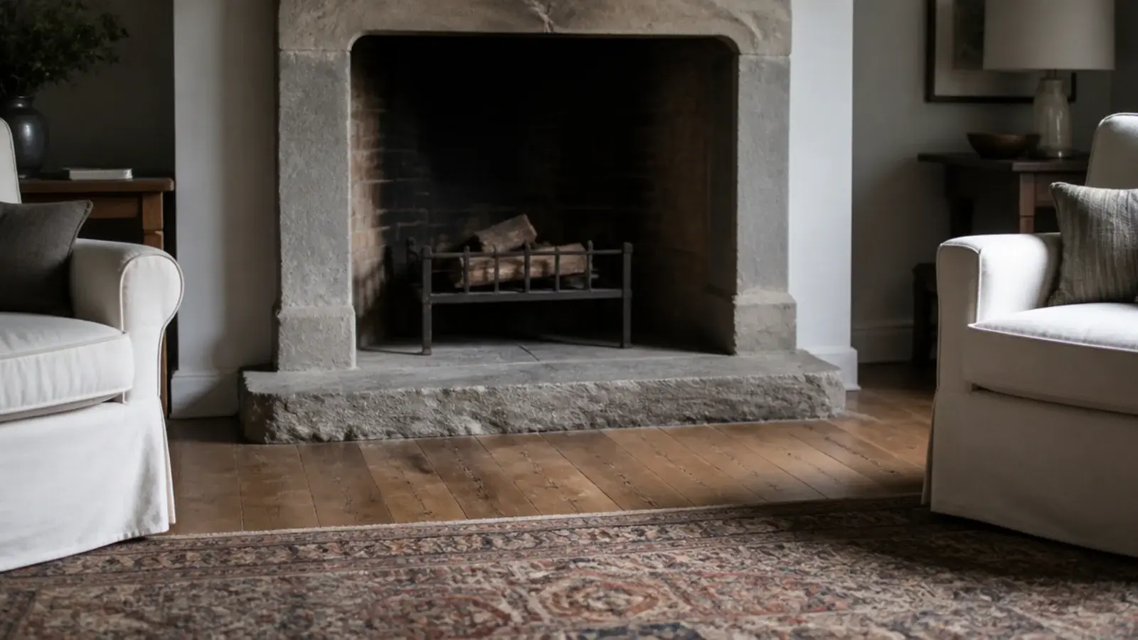 rug sized to leave clear stone hearth in front of a fireplace