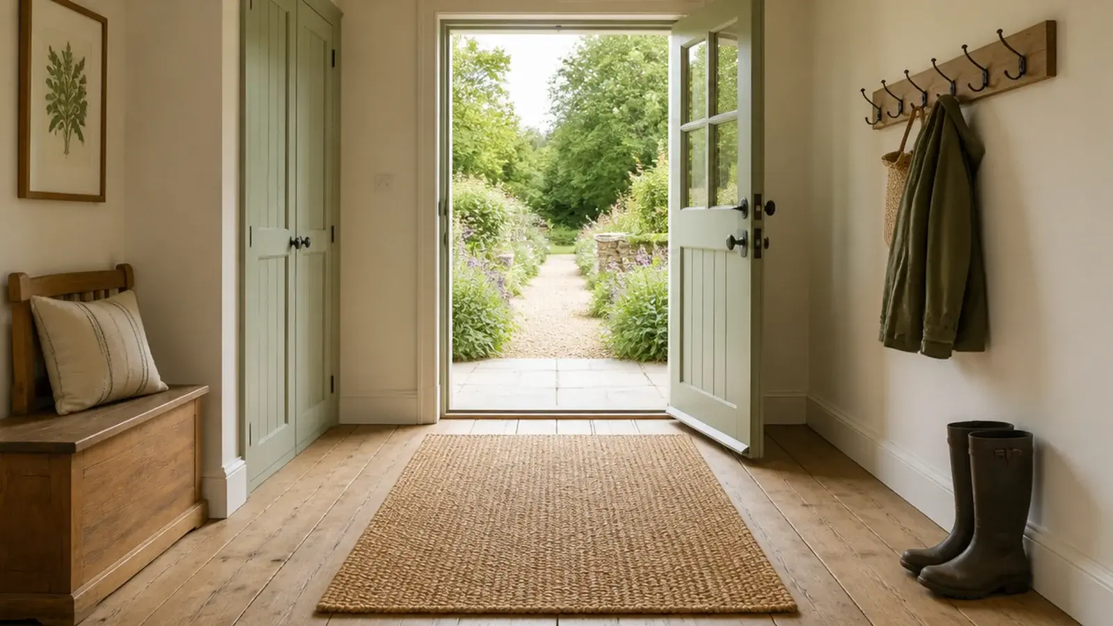 tightly woven seagrass rug in the route from a back door