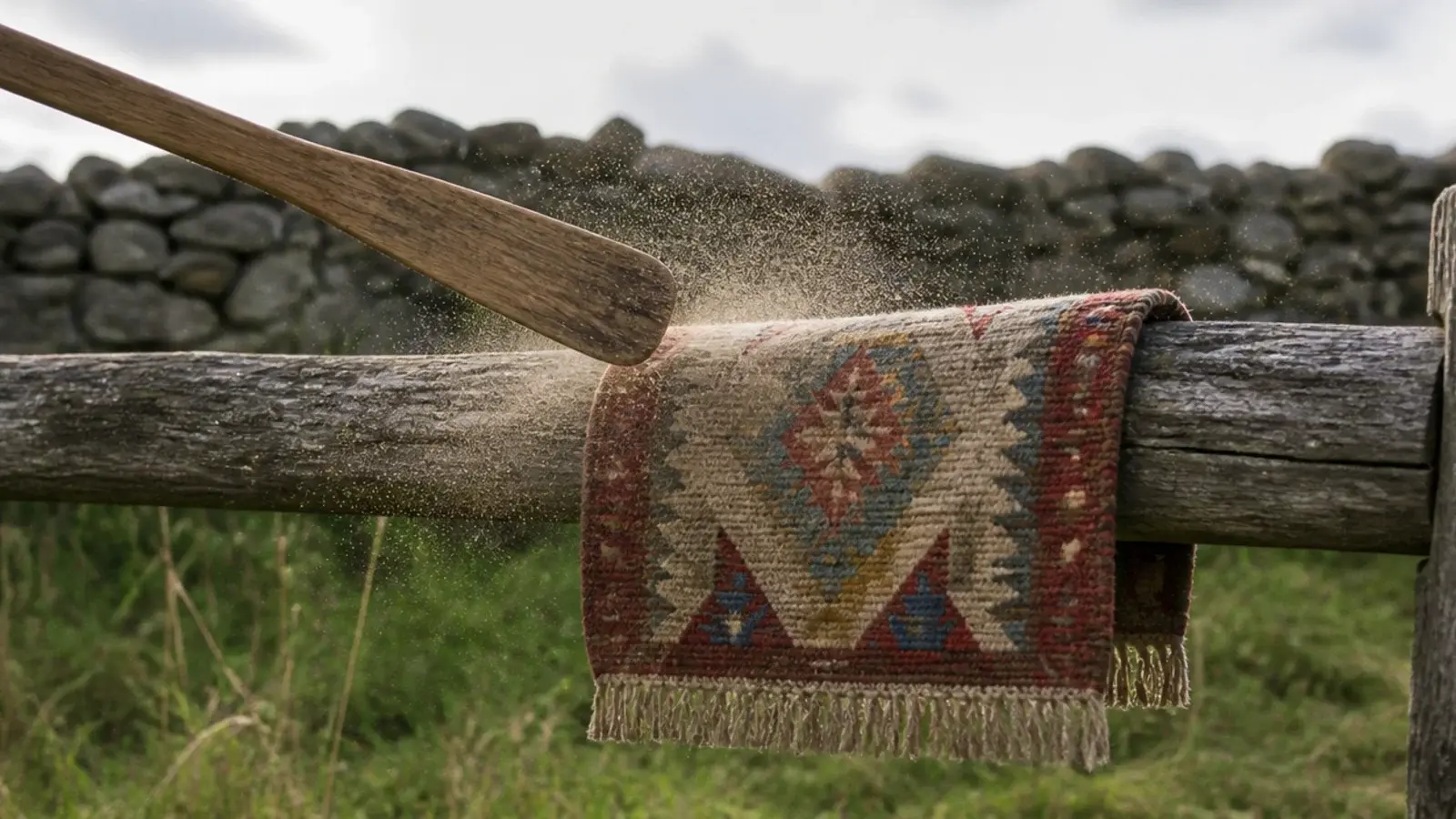 small rug hung over a fence rail being beaten clean outdoors