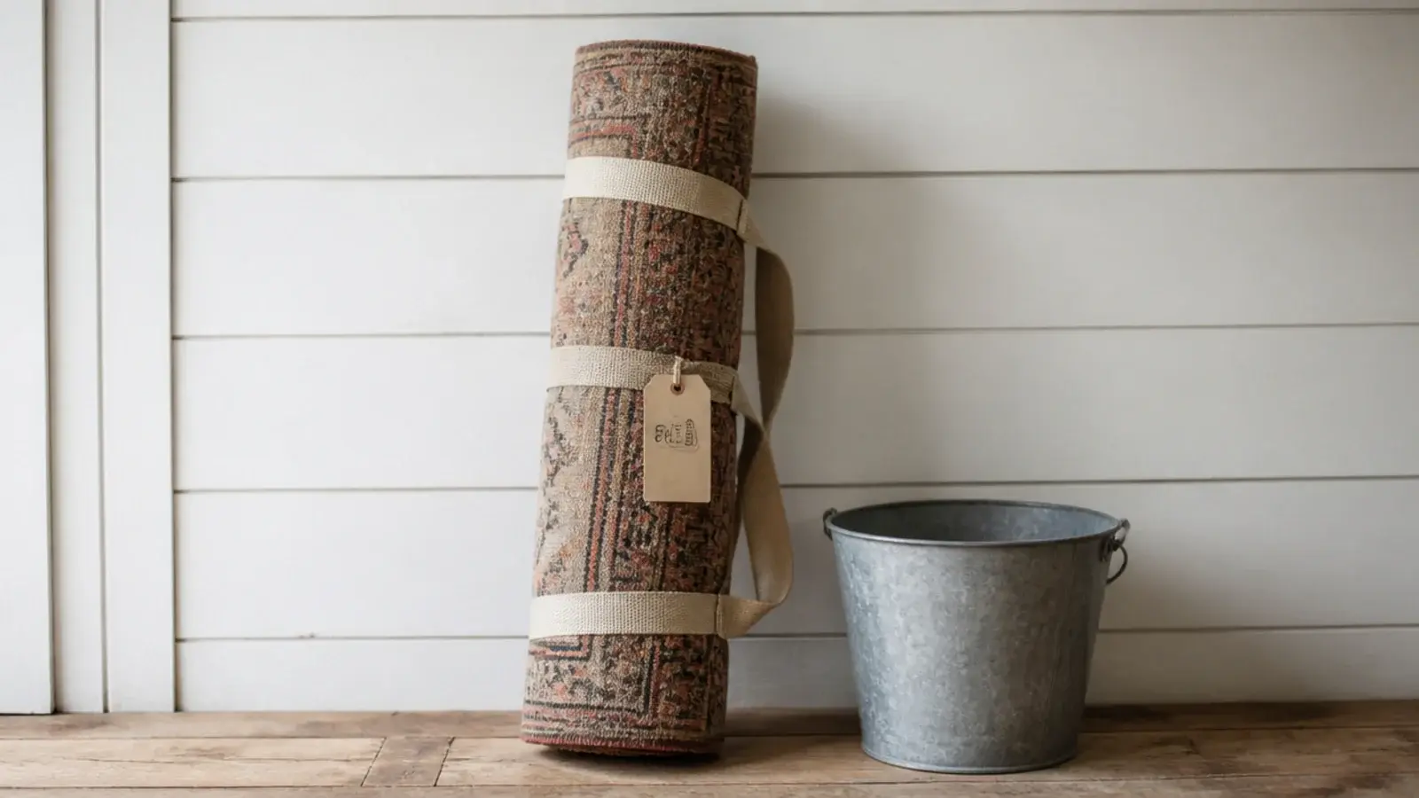 rolled secondhand rug tied and tagged ready for professional washing