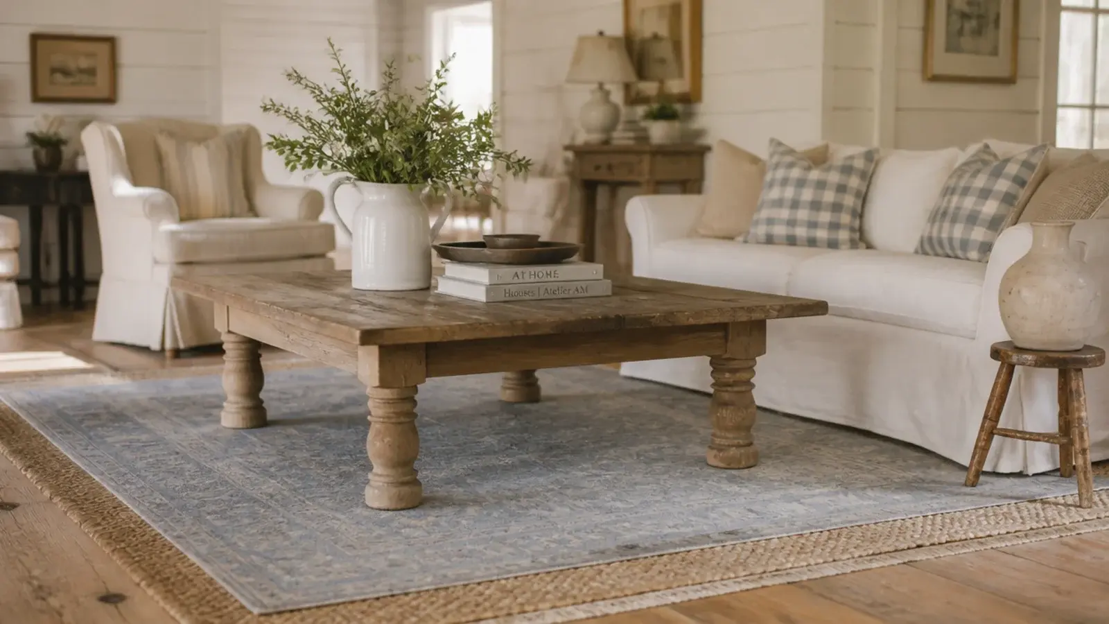 farmhouse rugs in a living room layered over wide antique pine boards