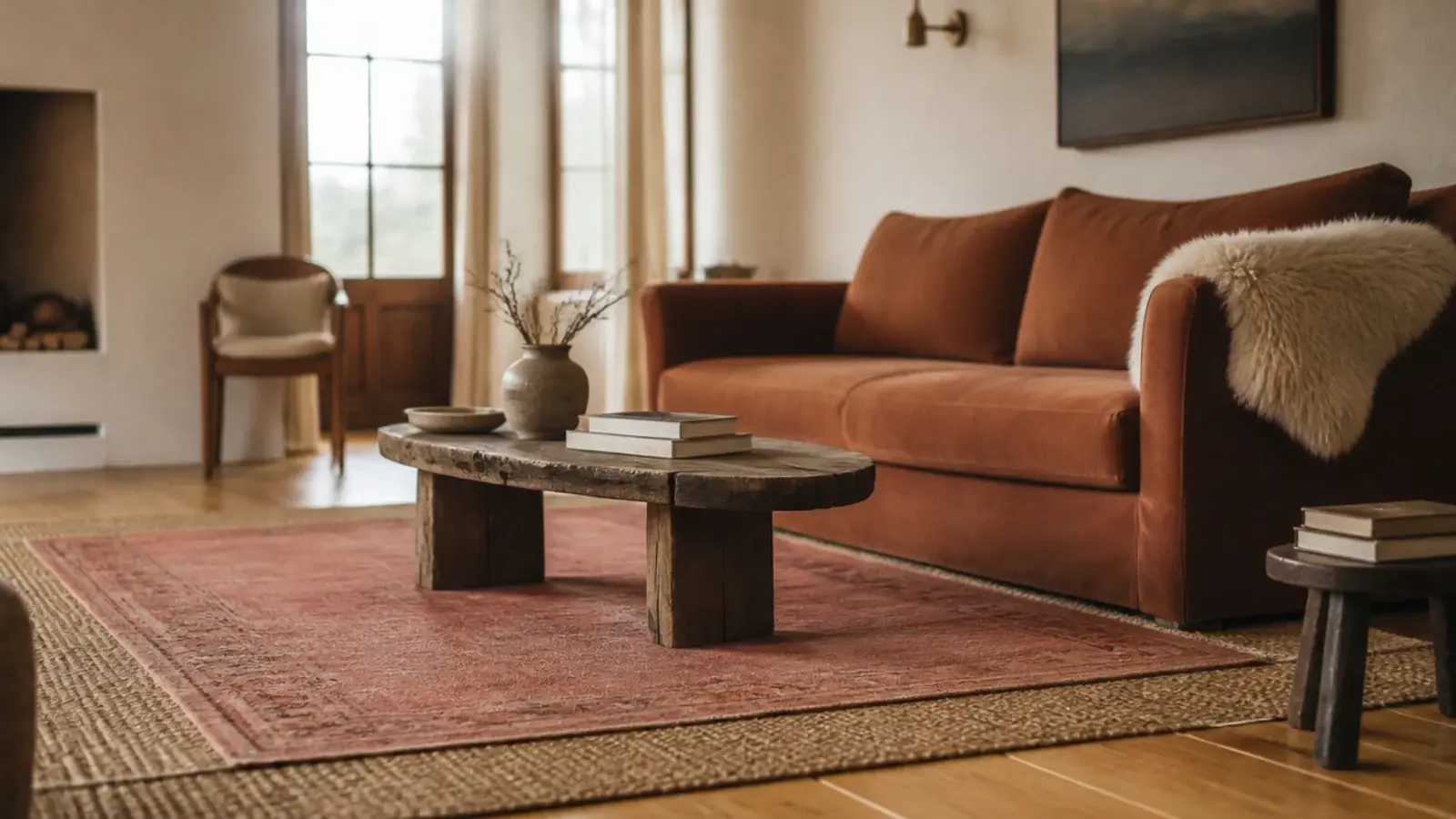 layered rugs in a living room stacking wool over jute on pine boards