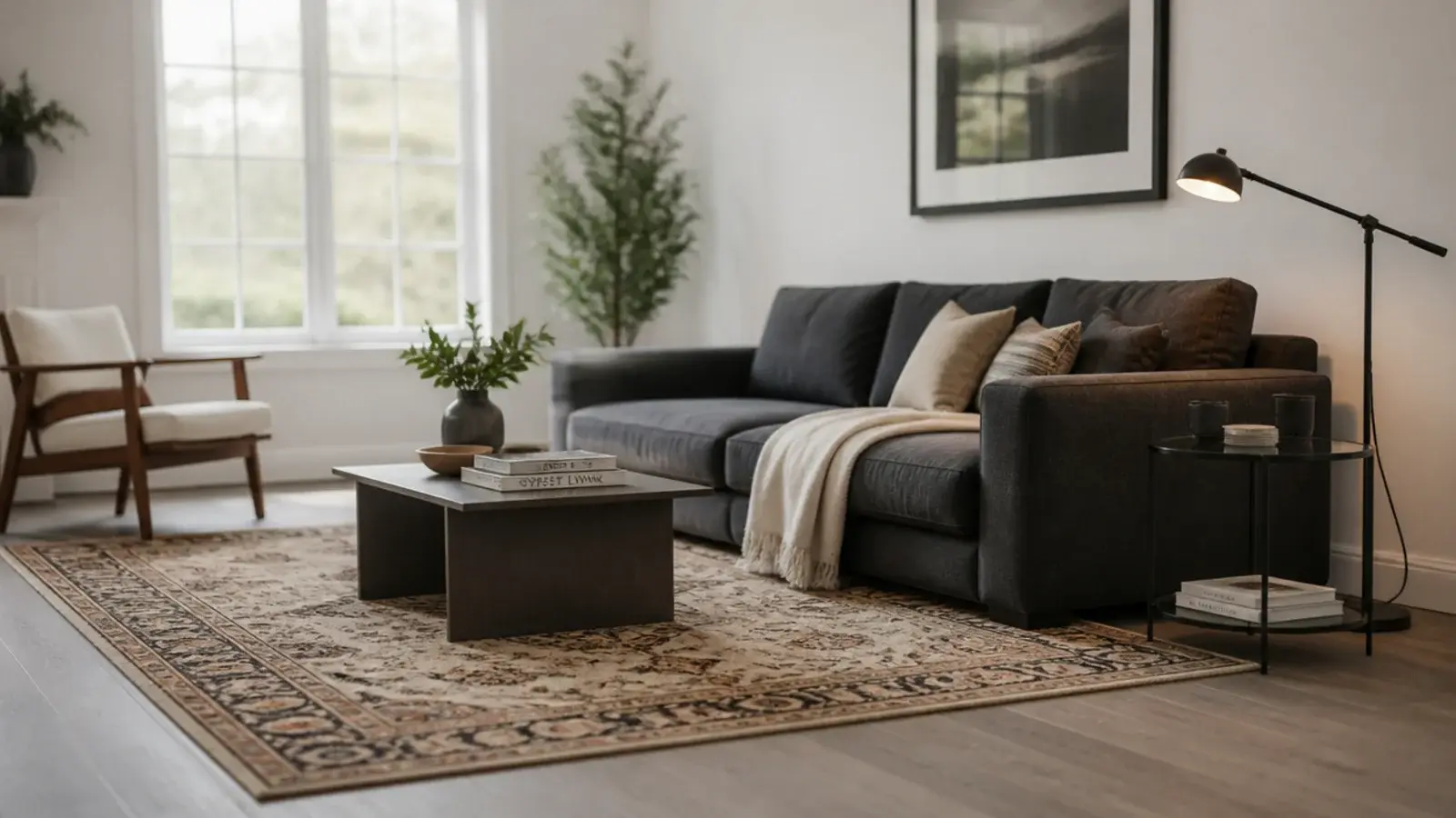 layering rugs in a living room over grey washed oak boards at morning